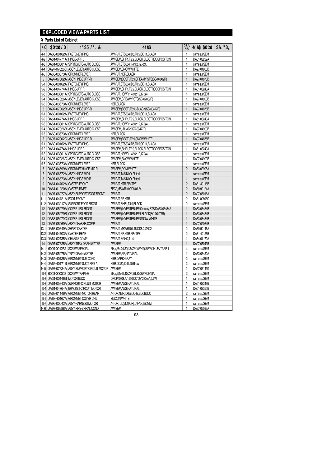 Samsung RF26XAE**, RF267AEBP AW-SEM,SNOW White, Assy Hinge UPP-R, Hinge-Upp R, Grommet-Lever Nbr,Black, Aw-Sem,Pom,White 