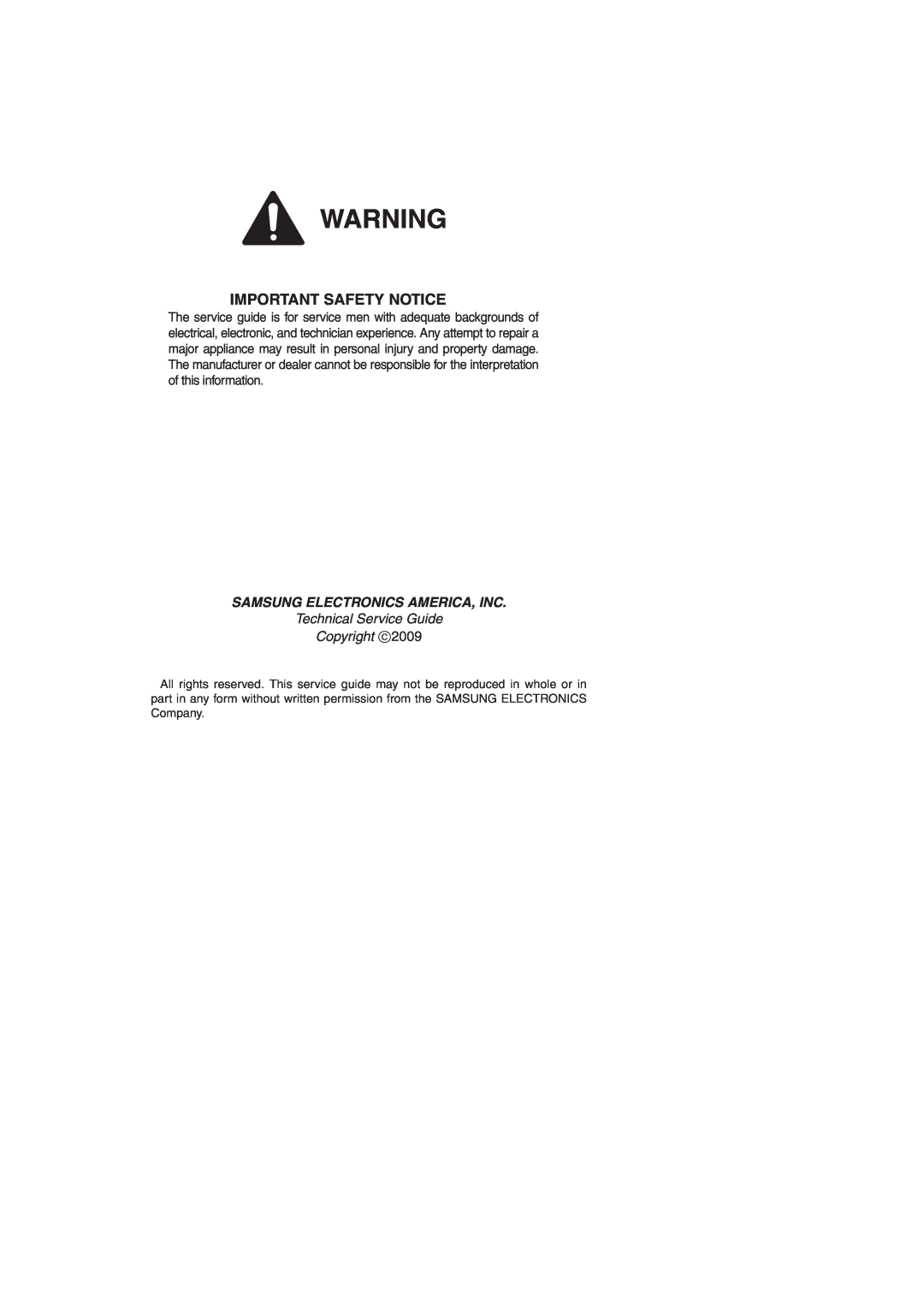 Samsung RF26XAERS, RF267AEBP Important Safety Notice, Samsung Electronics America, Inc, Technical Service Guide Copyright 