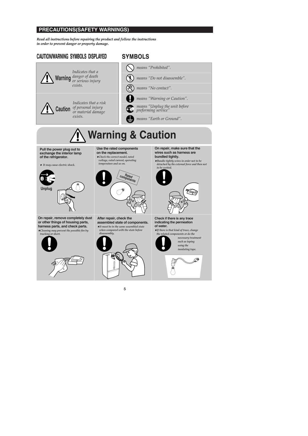 Samsung RF267AERS Precautionssafety Warnings, Warning & Caution, Caution/Warning Symbols Displayed, Indicates that a 