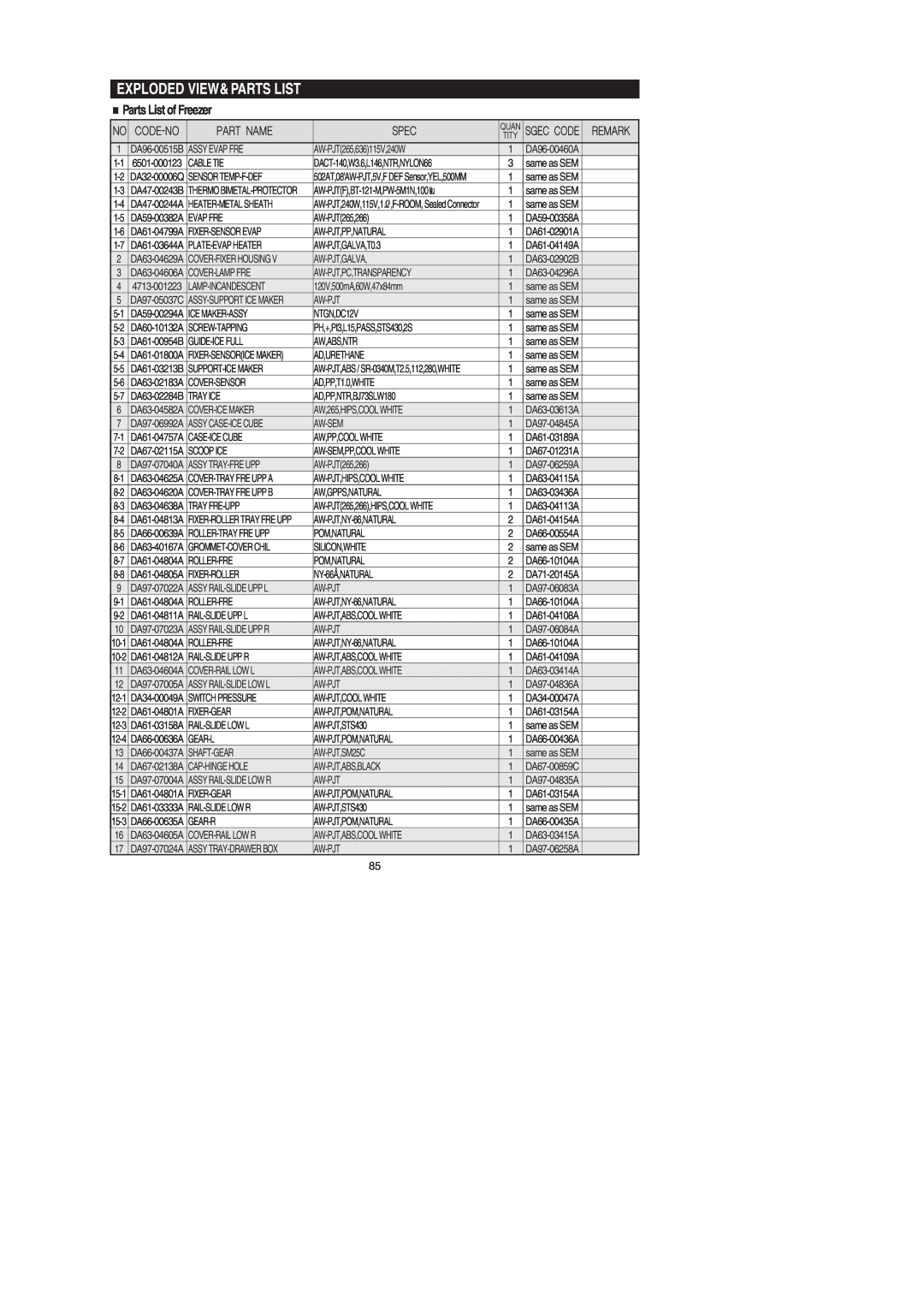 Samsung RF267AERS, RF267AEBP, RF267AE**, RF26XAERS, RF26XAEPN, RF26XAE** Exploded View&Parts List, Parts List of Freezer 