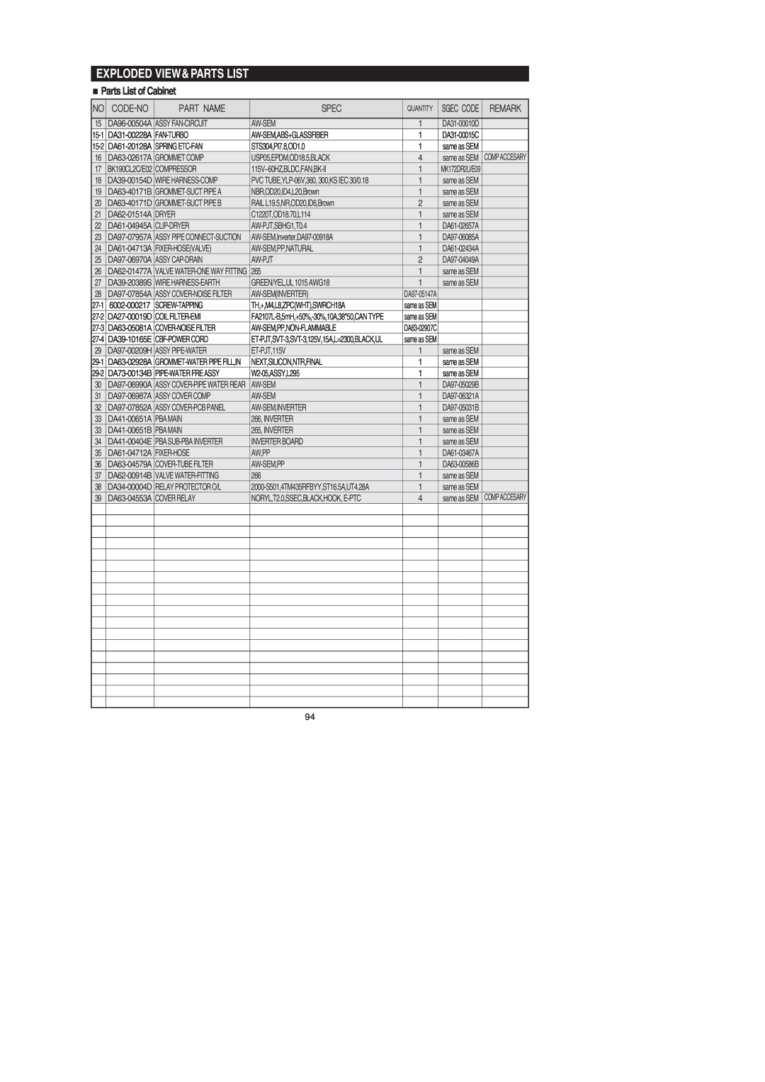Samsung RF26XAEXAA Exploded View&Parts List, DA96-00504A, PVC TUBE,YLP-06V,360, 300,KS IEC 30/0.18, Assy Cover-Pcb Panel 