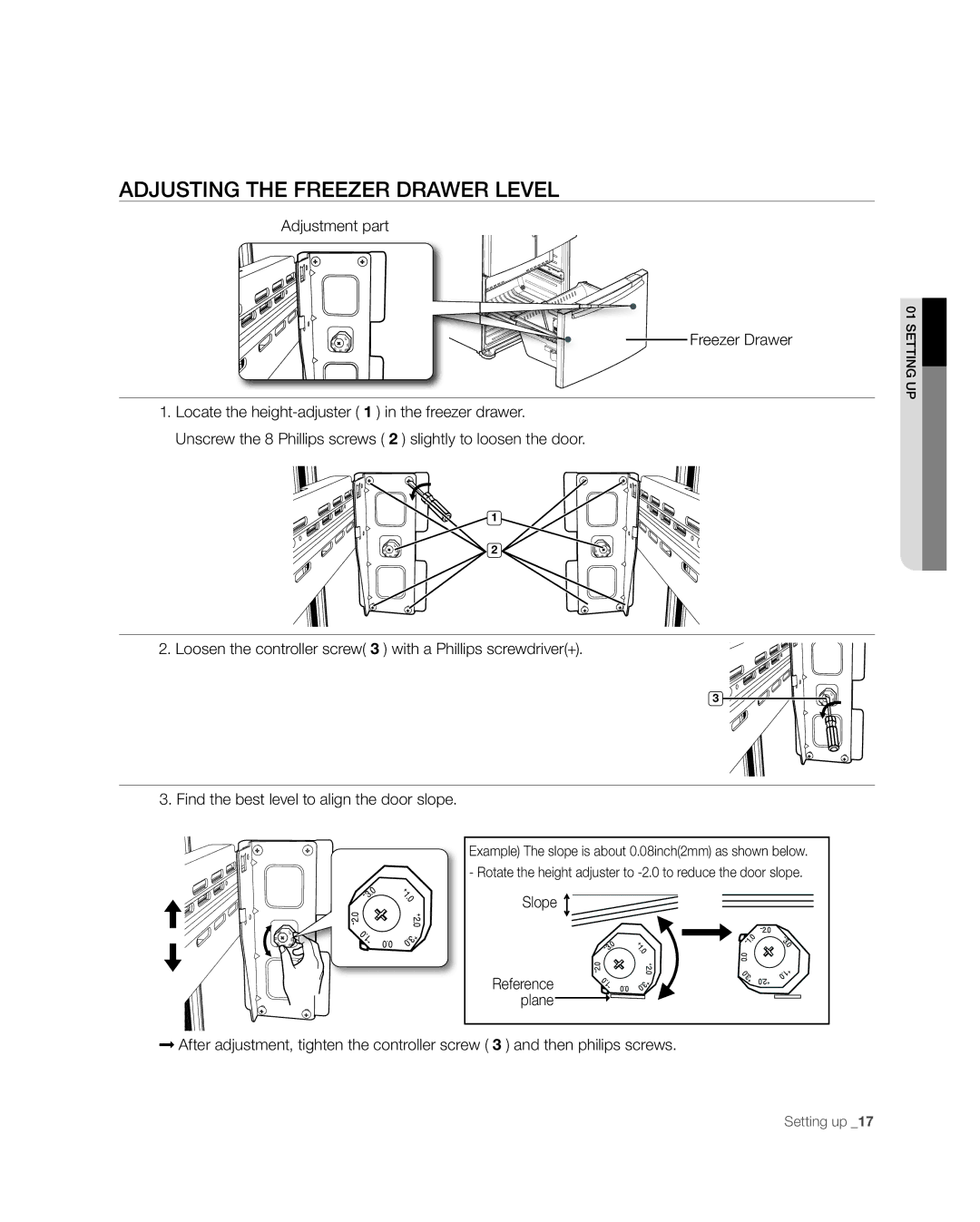 Samsung RF268** user manual Adjusting the Freezer Drawer Level, Adjustment part Freezer Drawer 