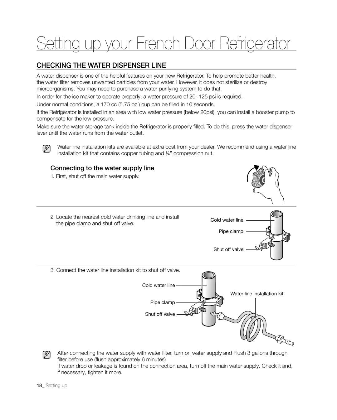 Samsung RF268** user manual Checking the Water Dispenser Line, Connecting to the water supply line 