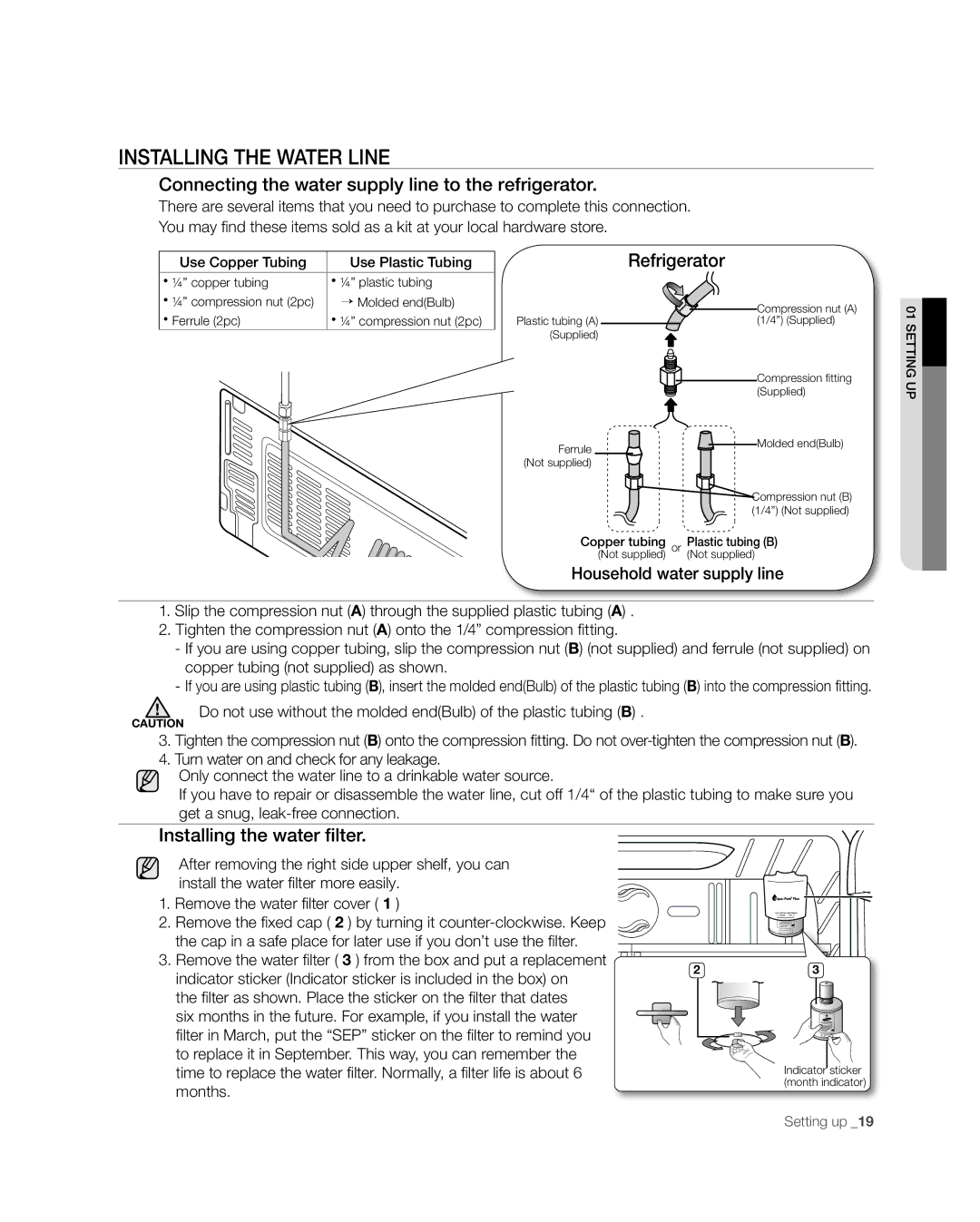 Samsung RF268** user manual Installing the Water Line, Connecting the water supply line to the refrigerator, Refrigerator 