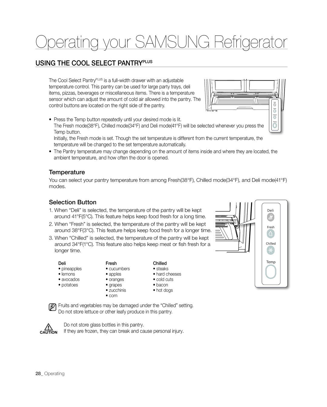 Samsung RF268** user manual Using the Cool Select Pantryplus, Temperature, Selection Button 