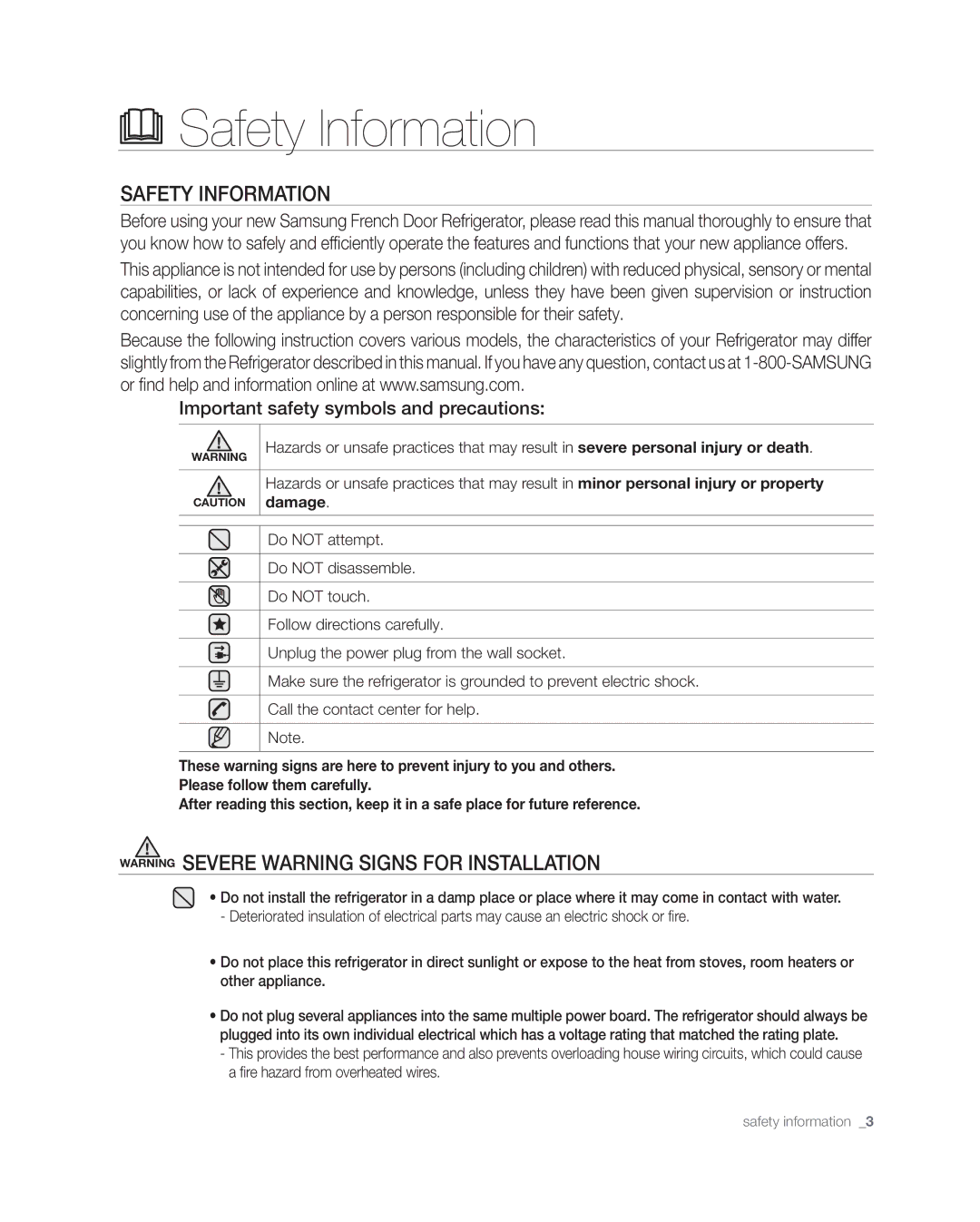 Samsung RF268** user manual Safety Information, Important safety symbols and precautions 