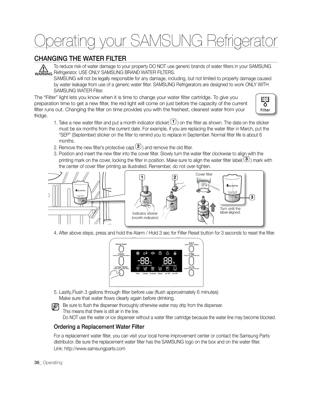 Samsung RF268** user manual CHAnGinG tHE wAtER FiLtER, Ordering a Replacement Water Filter 