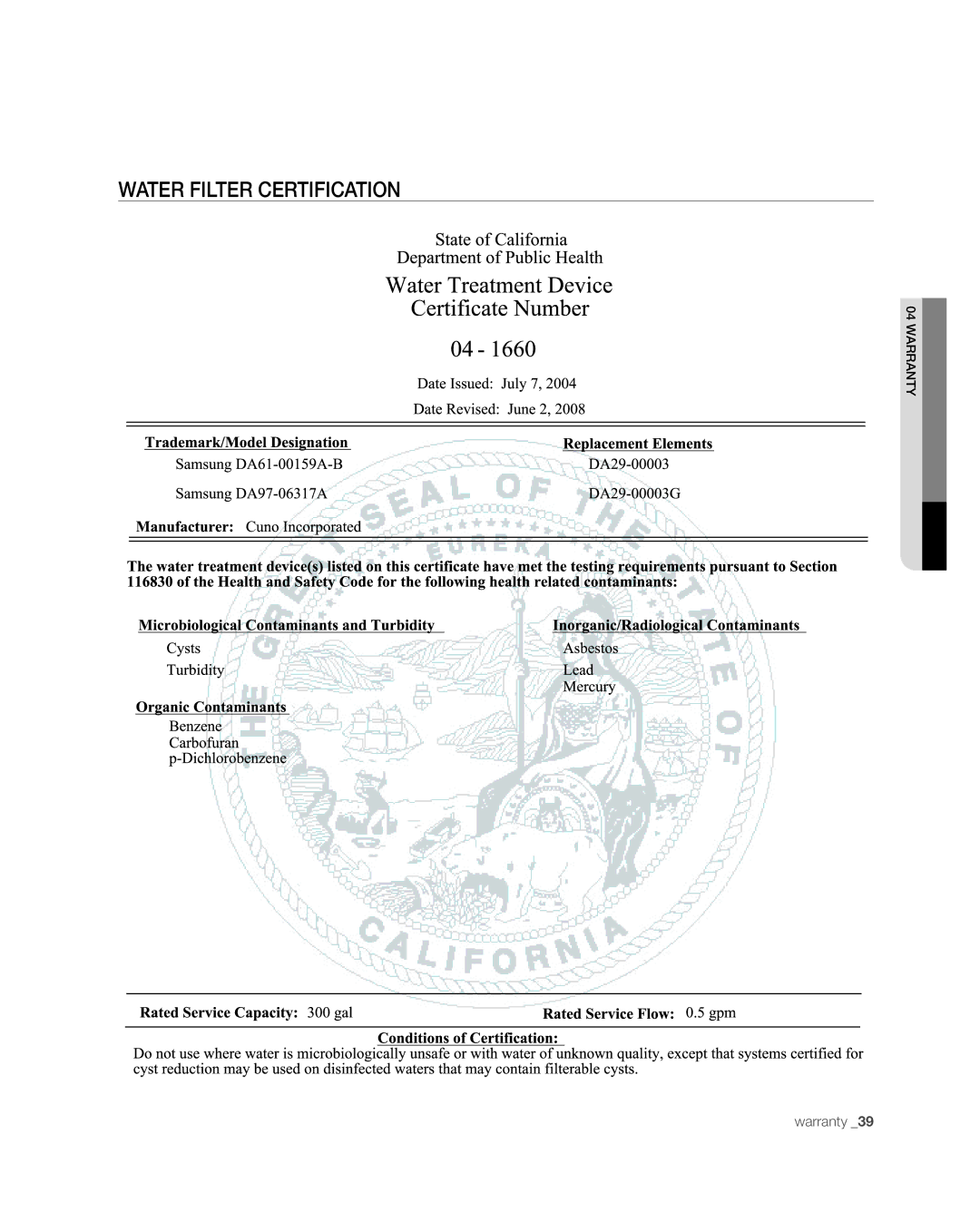 Samsung RF268** user manual Water Filter Certification 