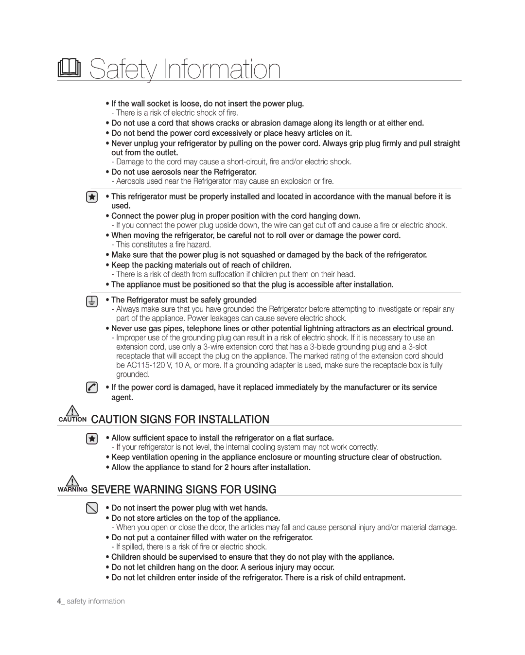 Samsung RF268** user manual Safety Information 