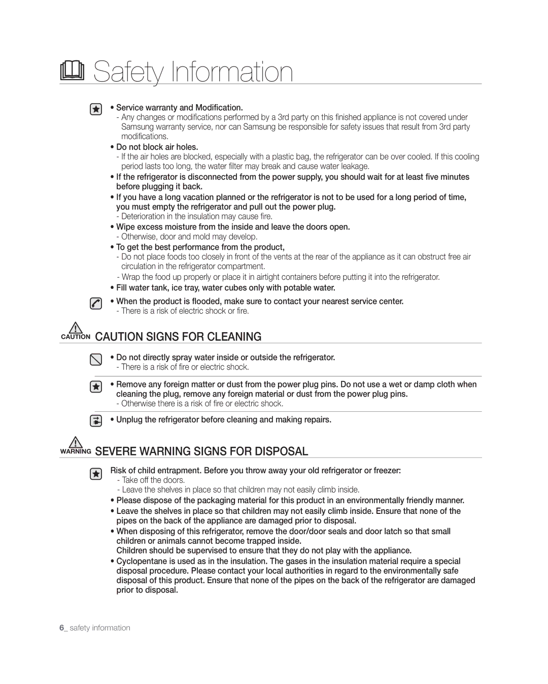 Samsung RF268** user manual Safety Information 