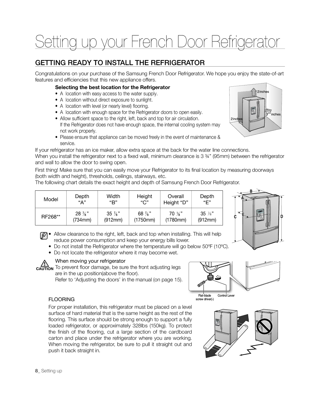 Samsung RF268** user manual Setting up your French Door Refrigerator, Getting Ready to Install the Refrigerator 