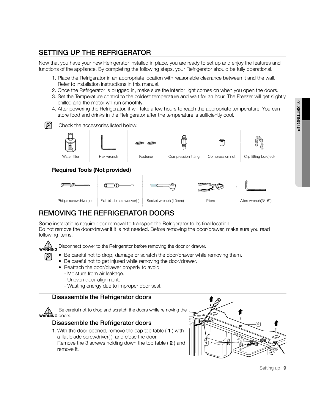 Samsung RF268** Setting UP the Refrigerator, Removing the Refrigerator Doors, Disassemble the Refrigerator doors 