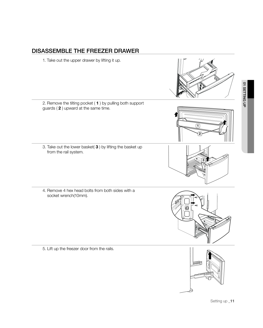 Samsung RF268** user manual Disassemble The Freezer Drawer, Take out the upper drawer by lifting it up, Setting up 