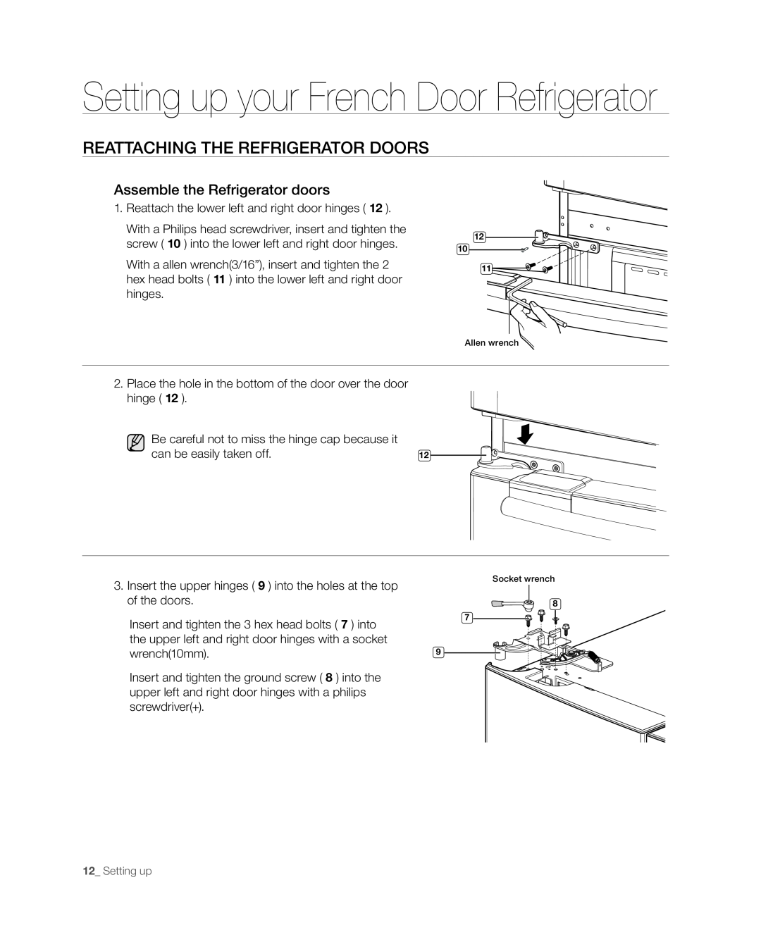 Samsung RF268** user manual Reattaching The Refrigerator Doors, Setting up your French Door Refrigerator 