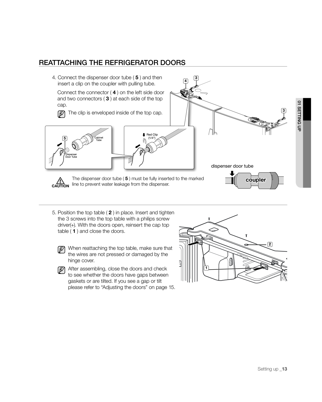 Samsung RF268** user manual Reattaching The Refrigerator Doors, coupler 