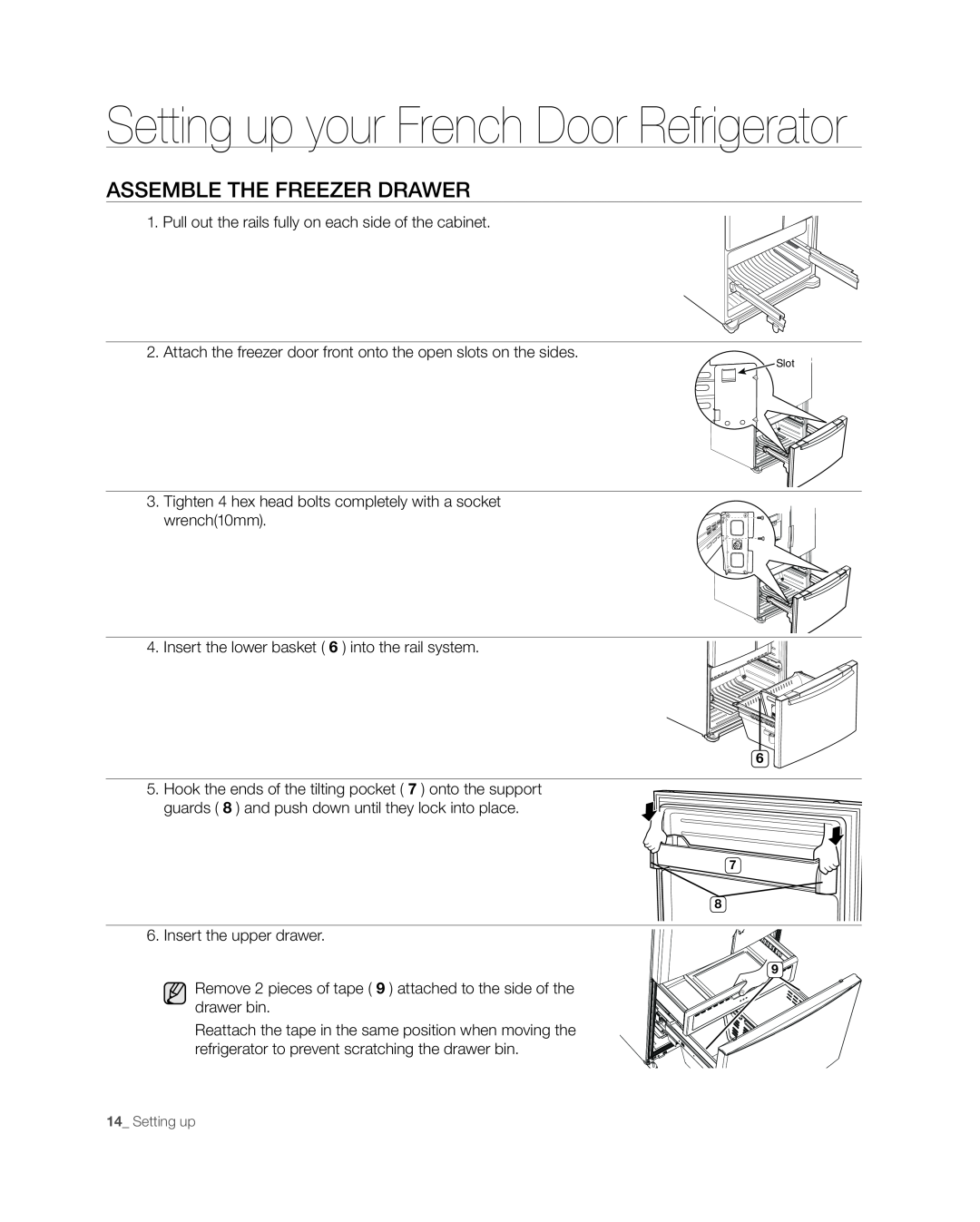 Samsung RF268** user manual Assemble The Freezer Drawer, Setting up your French Door Refrigerator 