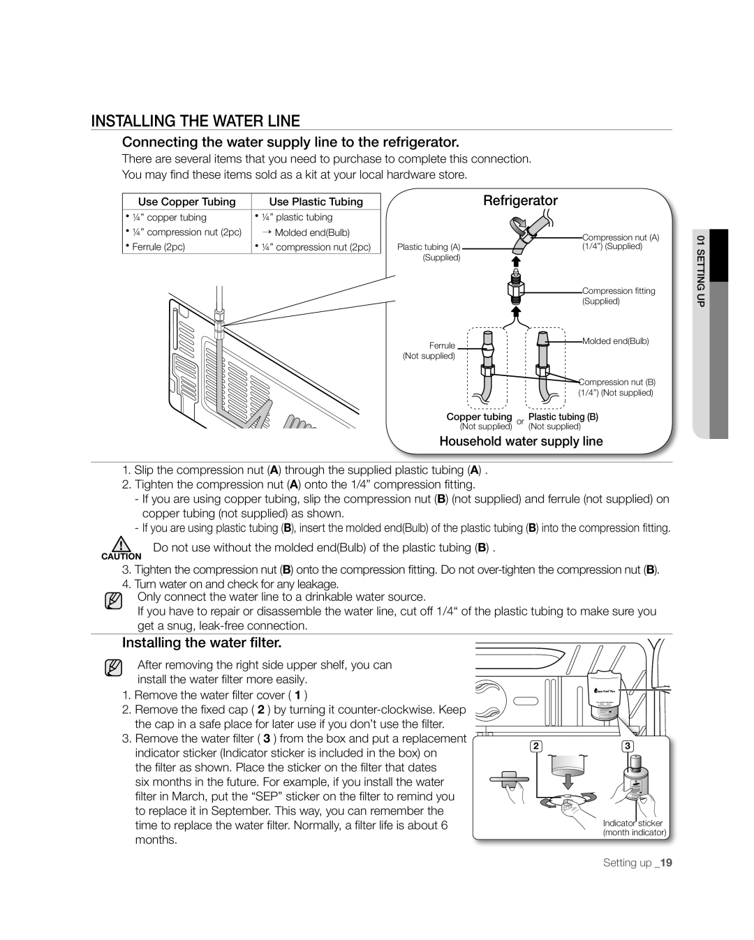 Samsung RF268** user manual Installing The Water Line, Connecting the water supply line to the refrigerator, Refrigerator 