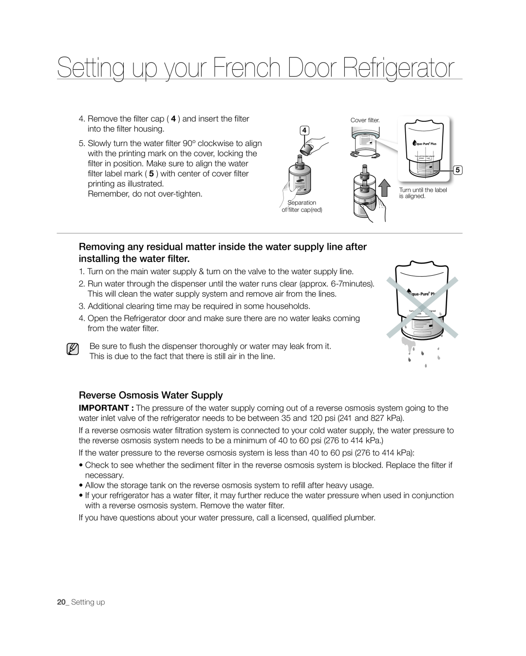 Samsung RF268** user manual Setting up your French Door Refrigerator, Reverse Osmosis Water Supply 