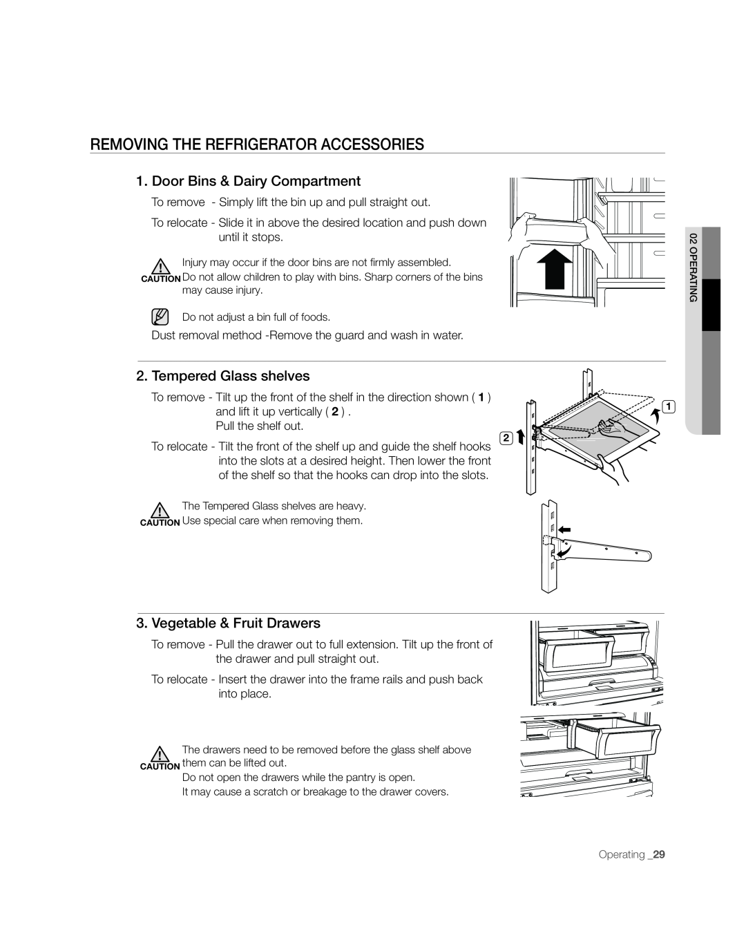 Samsung RF268** user manual Removing The Refrigerator Accessories, Door Bins & Dairy Compartment, Tempered Glass shelves 