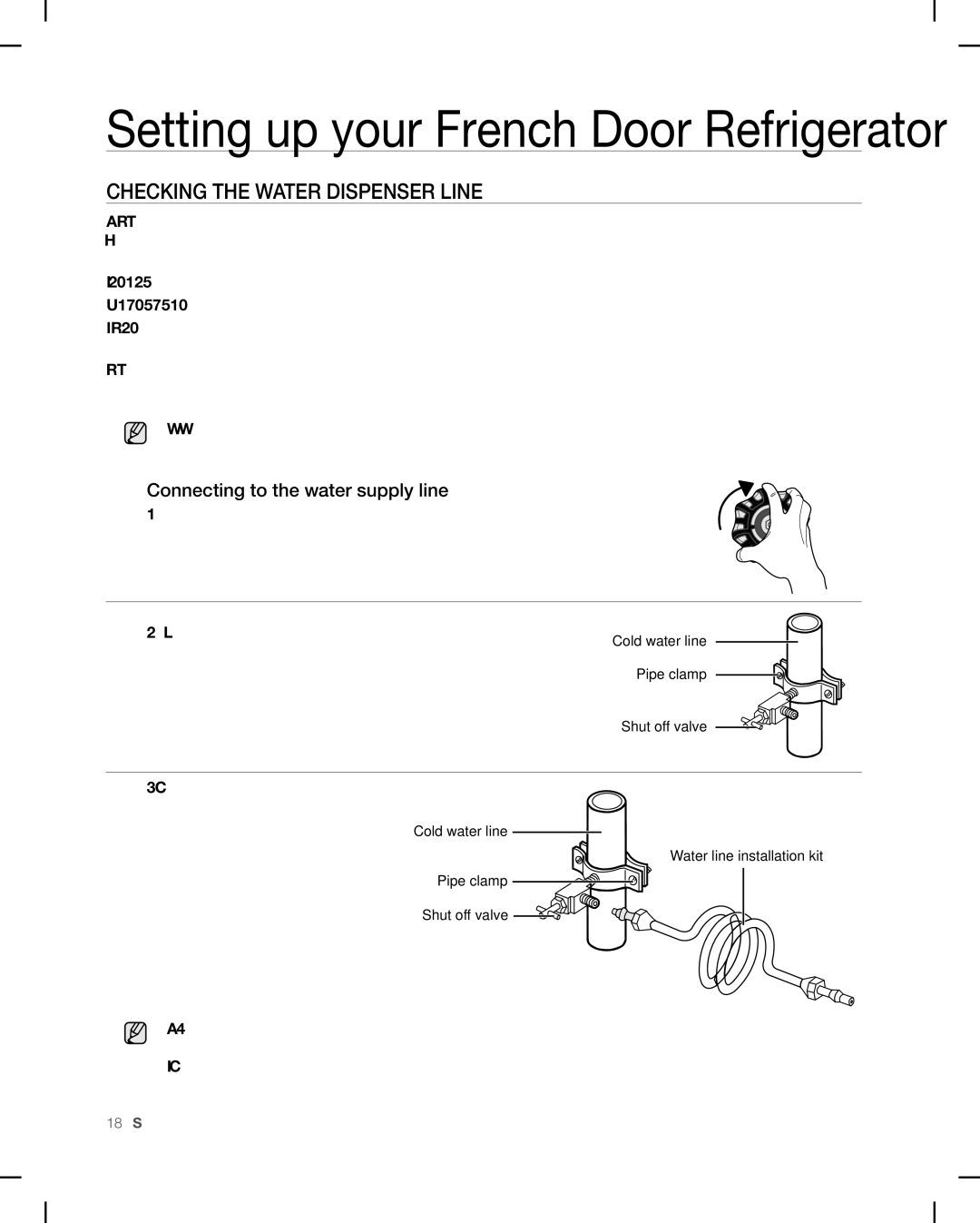 Samsung RF268AB Checking the Water Dispenser Line, Connecting to the water supply line, Pipe clamp and shut off valve 