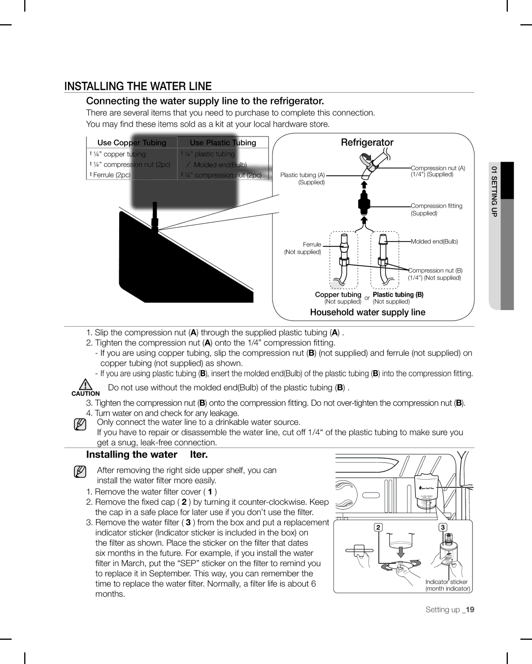 Samsung RF268AB user manual Installing the Water Line, Connecting the water supply line to the refrigerator, Refrigerator 