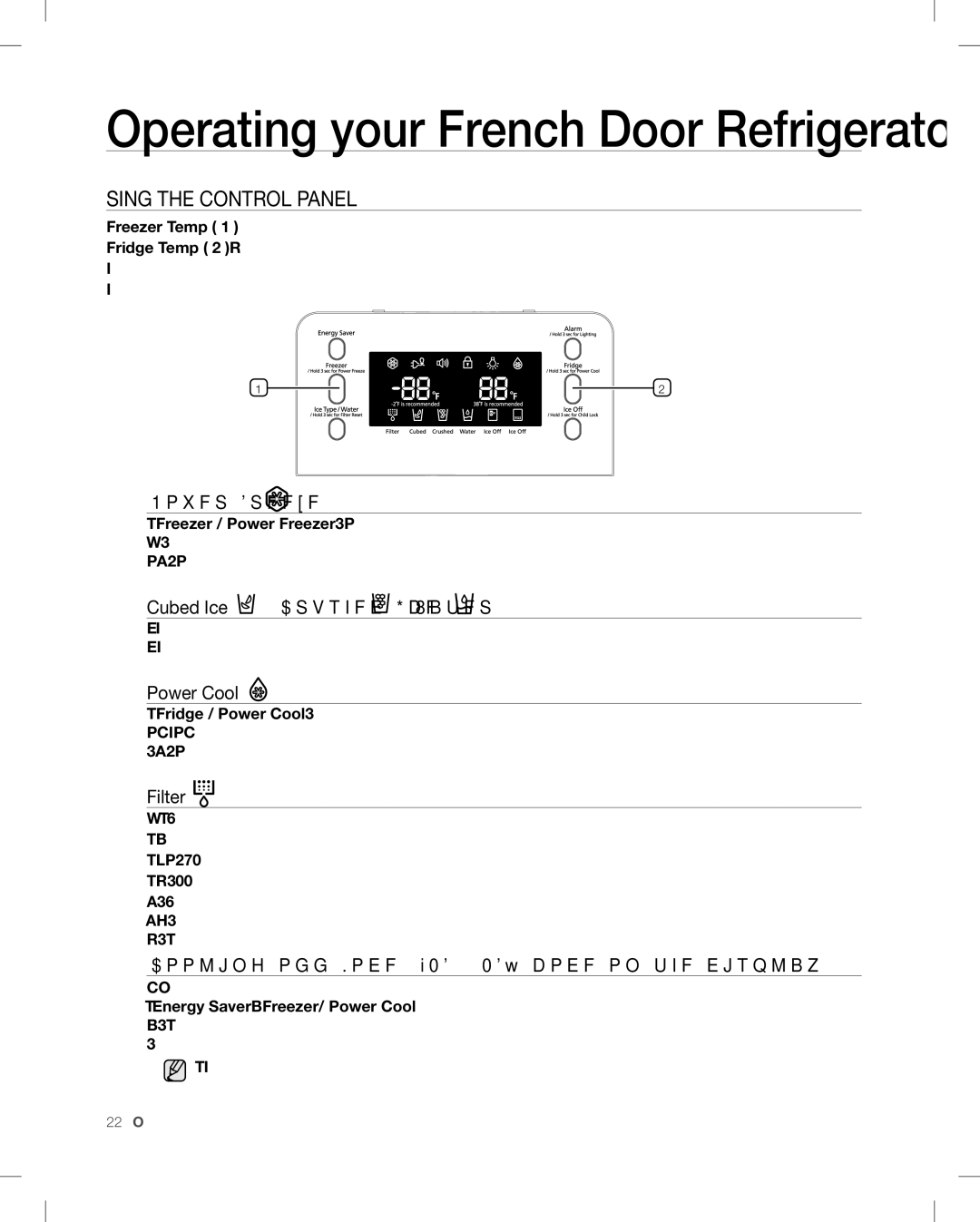 Samsung RF268AB user manual Power Freeze, Cubed Ice , Crushed Ice , Water, Power Cool, Filter 