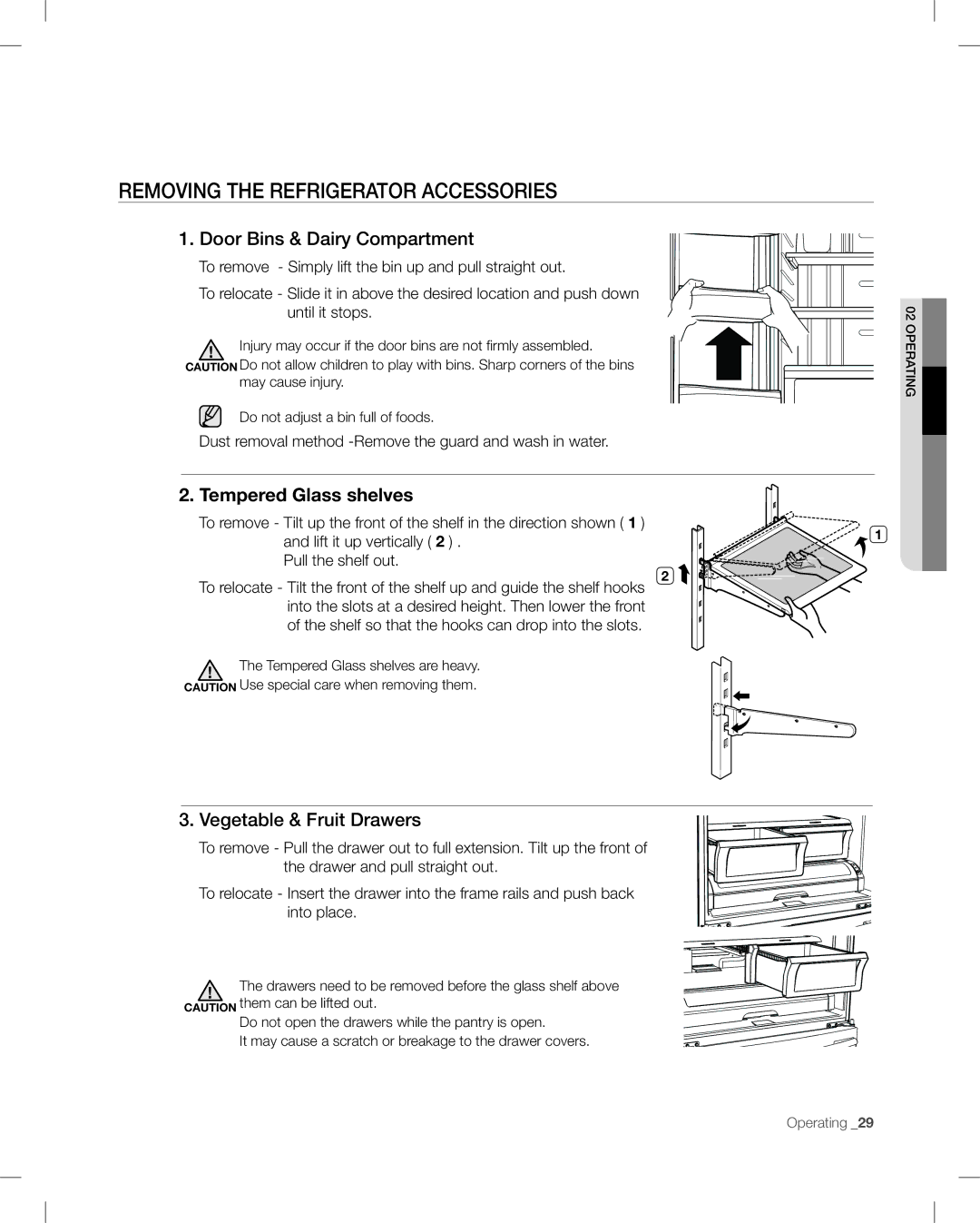 Samsung RF268AB user manual Removing the Refrigerator Accessories, Door Bins & Dairy Compartment, Tempered Glass shelves 