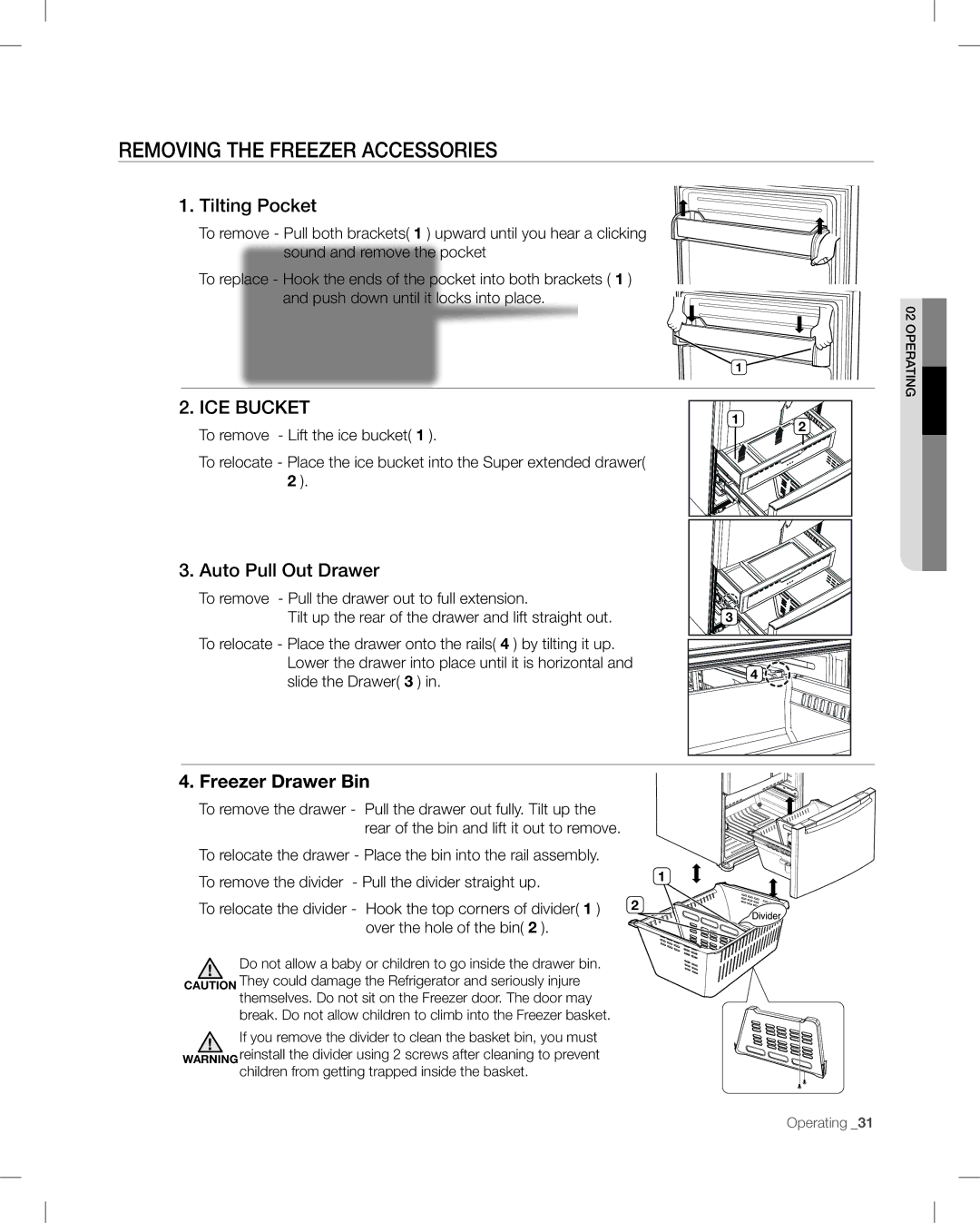 Samsung RF268AB user manual Removing the Freezer Accessories, Tilting Pocket, Auto Pull Out Drawer, Freezer Drawer Bin 