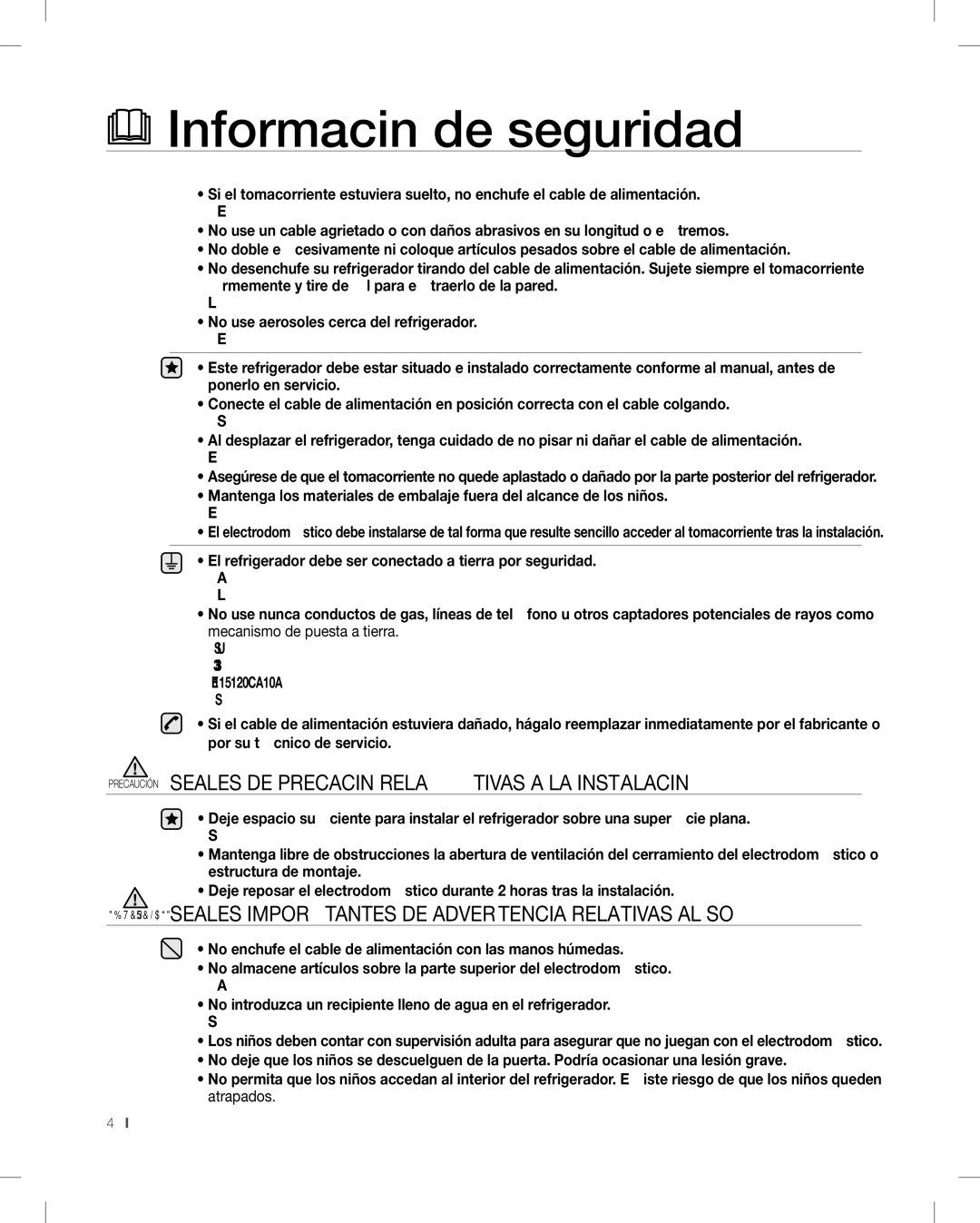 Samsung RF268AB user manual Precaución Señales DE PRECAUCIóN Relativas a LA INSTALACIóN 