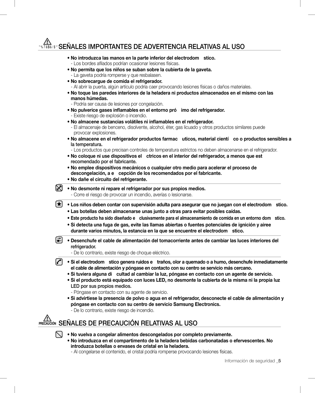 Samsung RF268AB user manual Precaución Señales DE PRECAUCIóN Relativas AL USO 