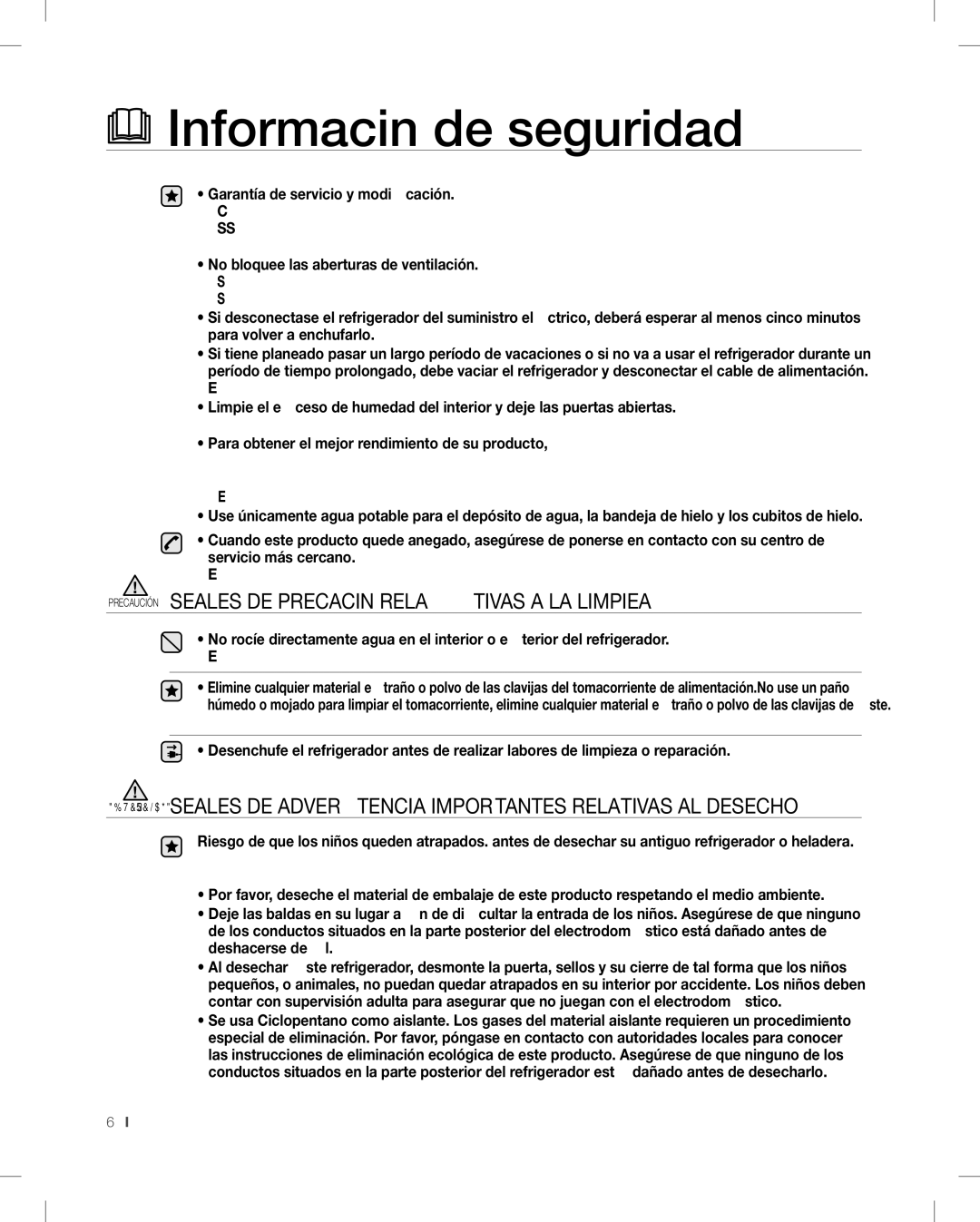 Samsung RF268AB user manual Precaución Señales DE PRECAUCIóN Relativas a LA Limpieza, Garantía de servicio y modificación 