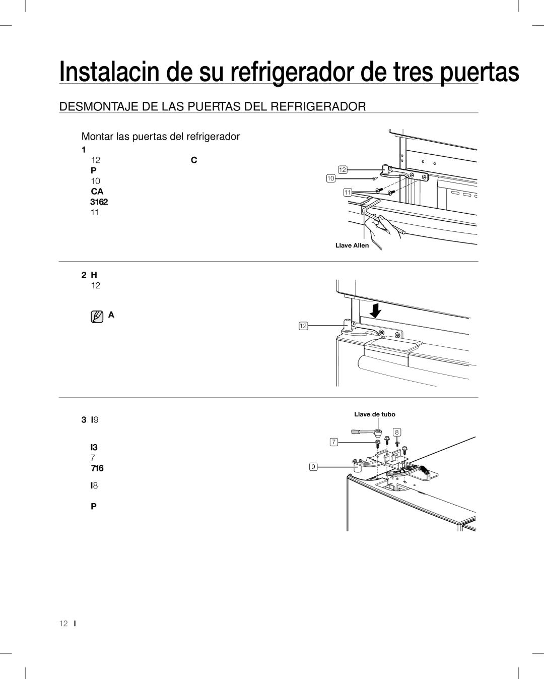 Samsung RF268AB user manual Desmontaje DE LAS Puertas DEL Refrigerador, Montar las puertas del refrigerador 