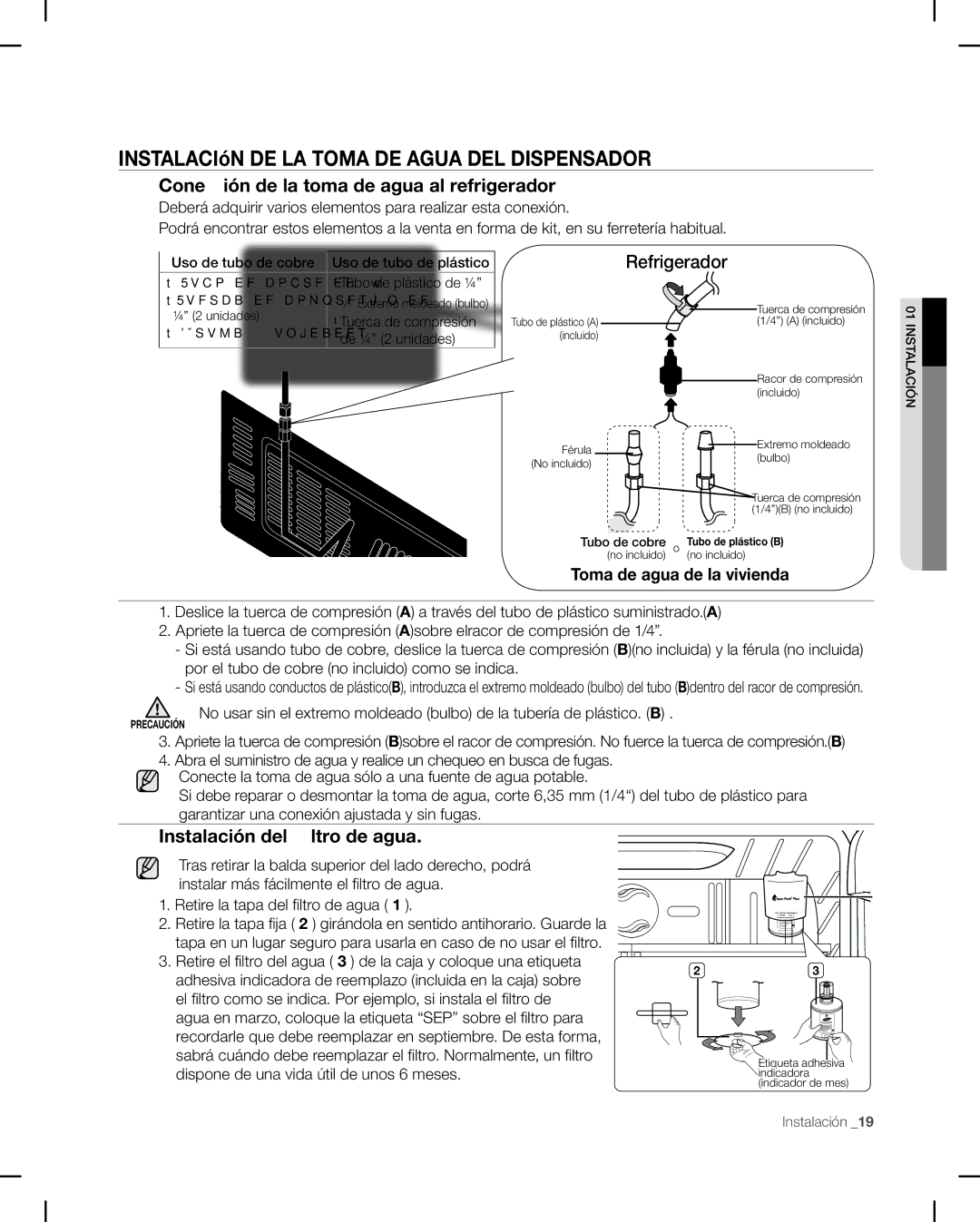 Samsung RF268AB INSTALACIóN DE LA Toma DE Agua DEL Dispensador, Conexión de la toma de agua al refrigerador, Refrigerador 