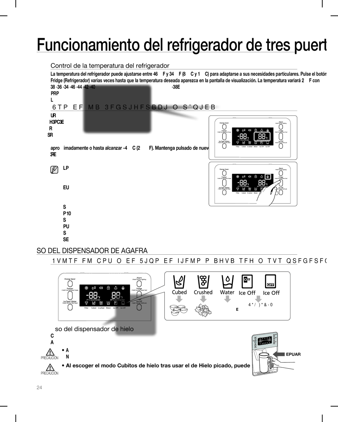 Samsung RF268AB USO DEL Dispensador DE Aguafría, Control de la temperatura del refrigerador, Uso del dispensador de hielo 