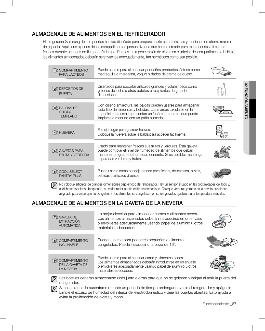 Samsung RF268AB user manual Almacenaje DE Alimentos EN EL Refrigerador, Almacenaje DE Alimentos EN LA Gaveta DE LA Nevera 