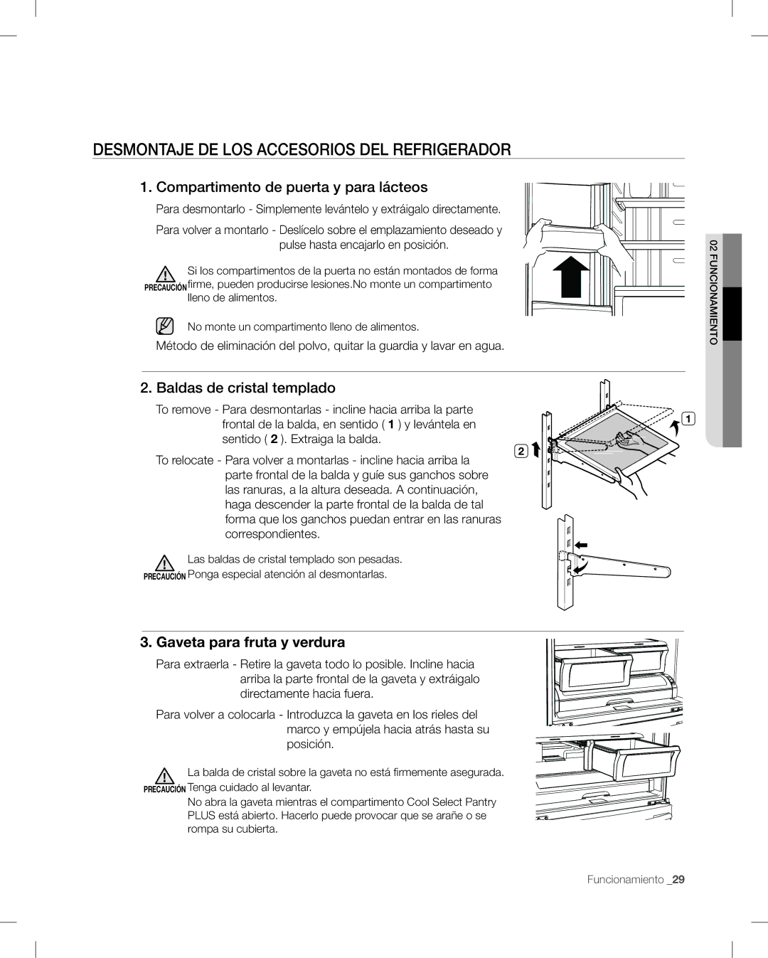 Samsung RF268AB user manual Desmontaje DE LOS Accesorios DEL Refrigerador, Compartimento de puerta y para lácteos 