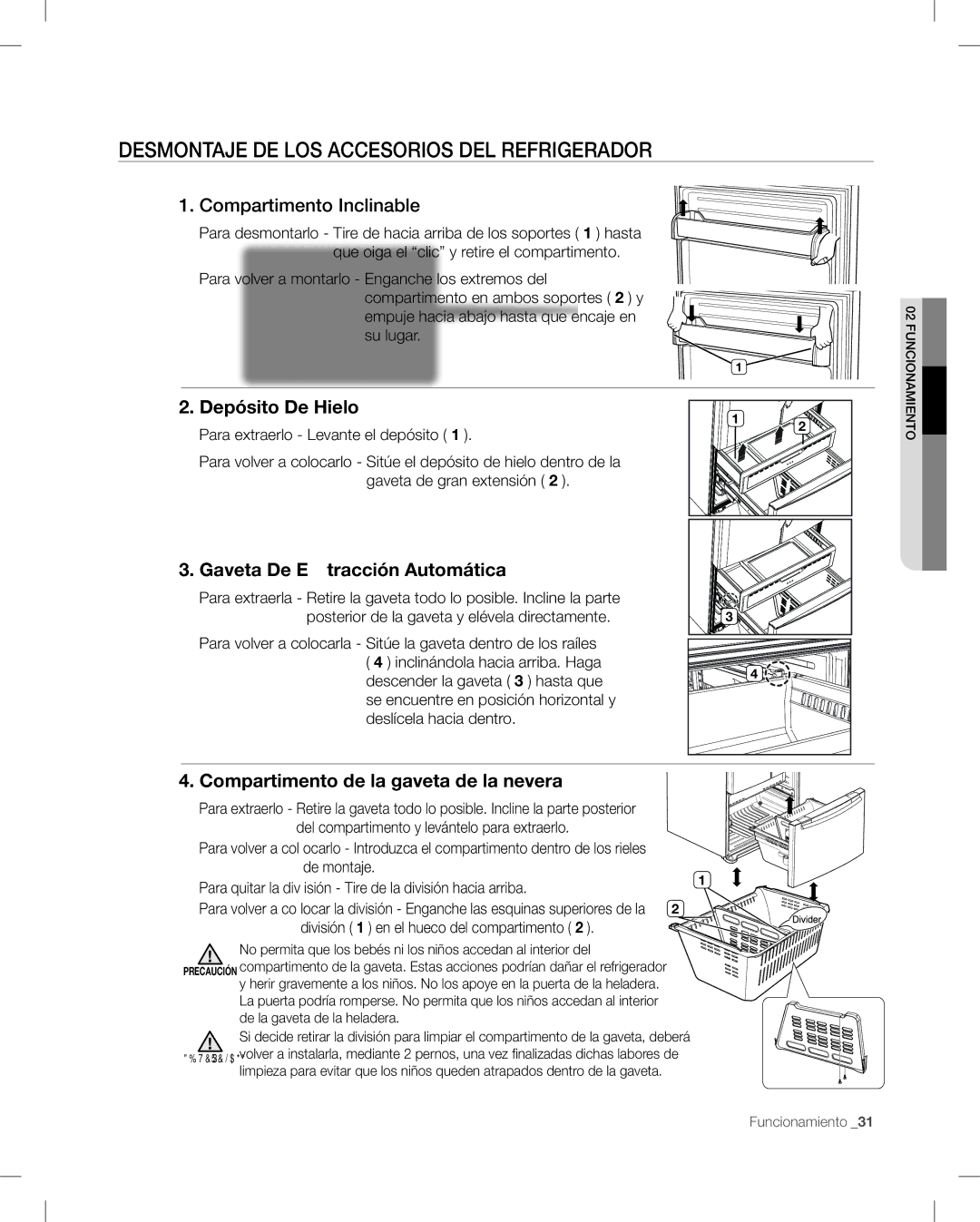 Samsung RF268AB user manual Compartimento Inclinable, Depósito De Hielo, Gaveta De Extracción Automática 