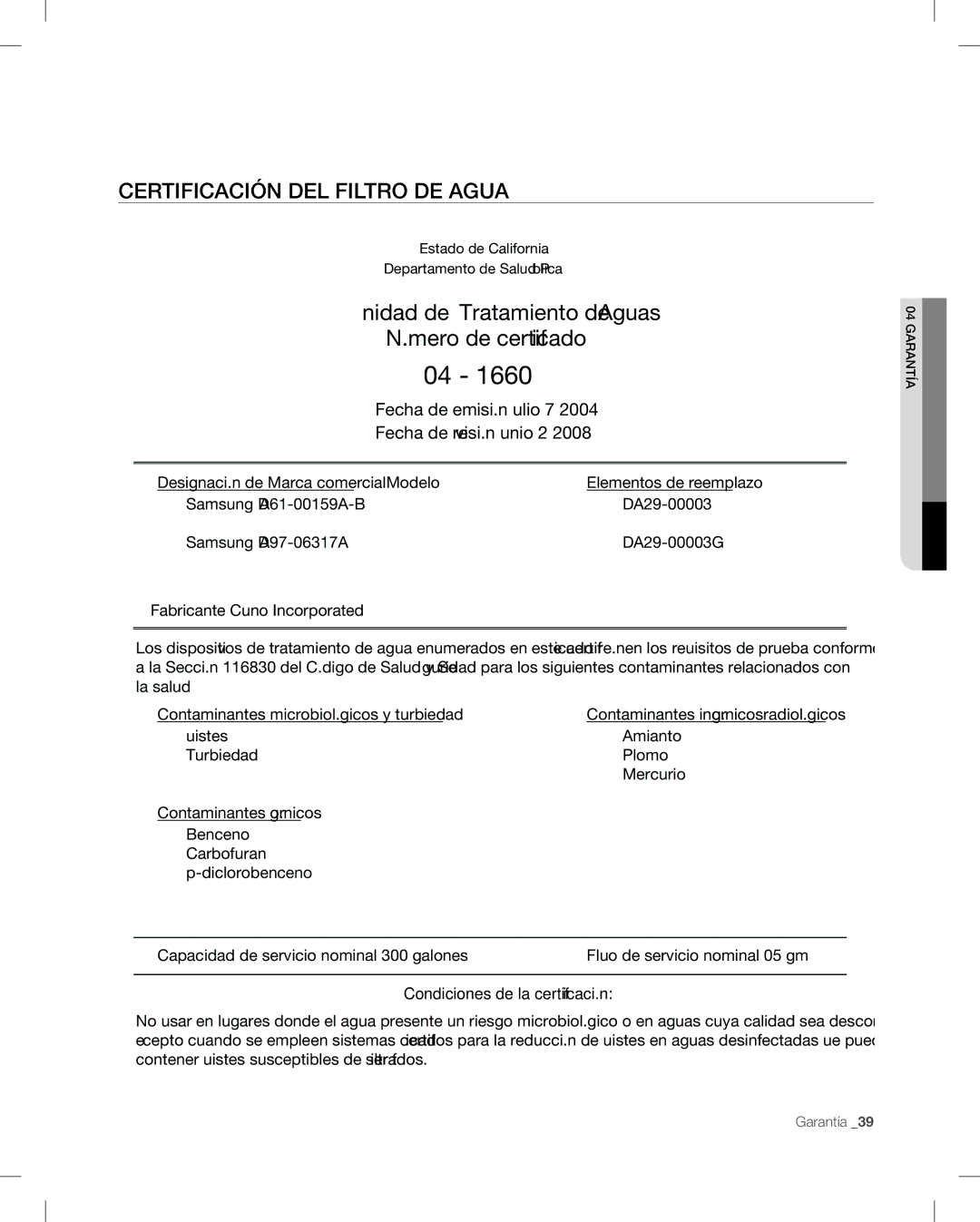 Samsung RF268AB user manual Unidad de Tratamiento de Aguas Mero de certificado, CERTIFICACIóN DEL Filtro DE Agua 