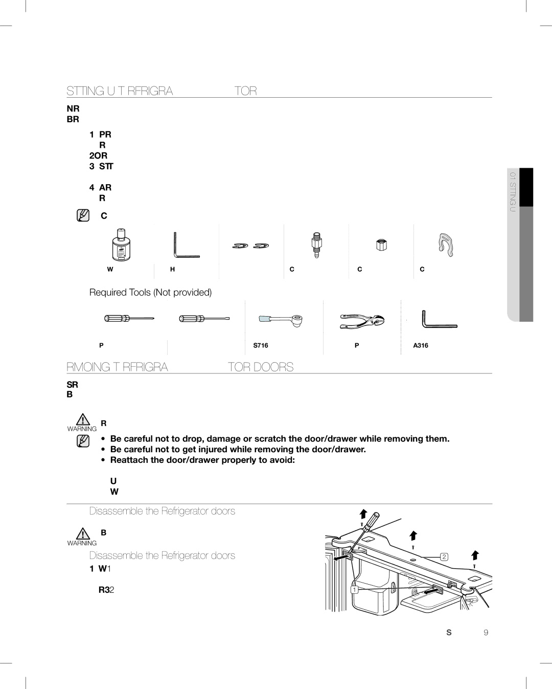 Samsung RF268AB Setting UP the Refrigerator, Removing the Refrigerator Doors, Disassemble the Refrigerator doors 