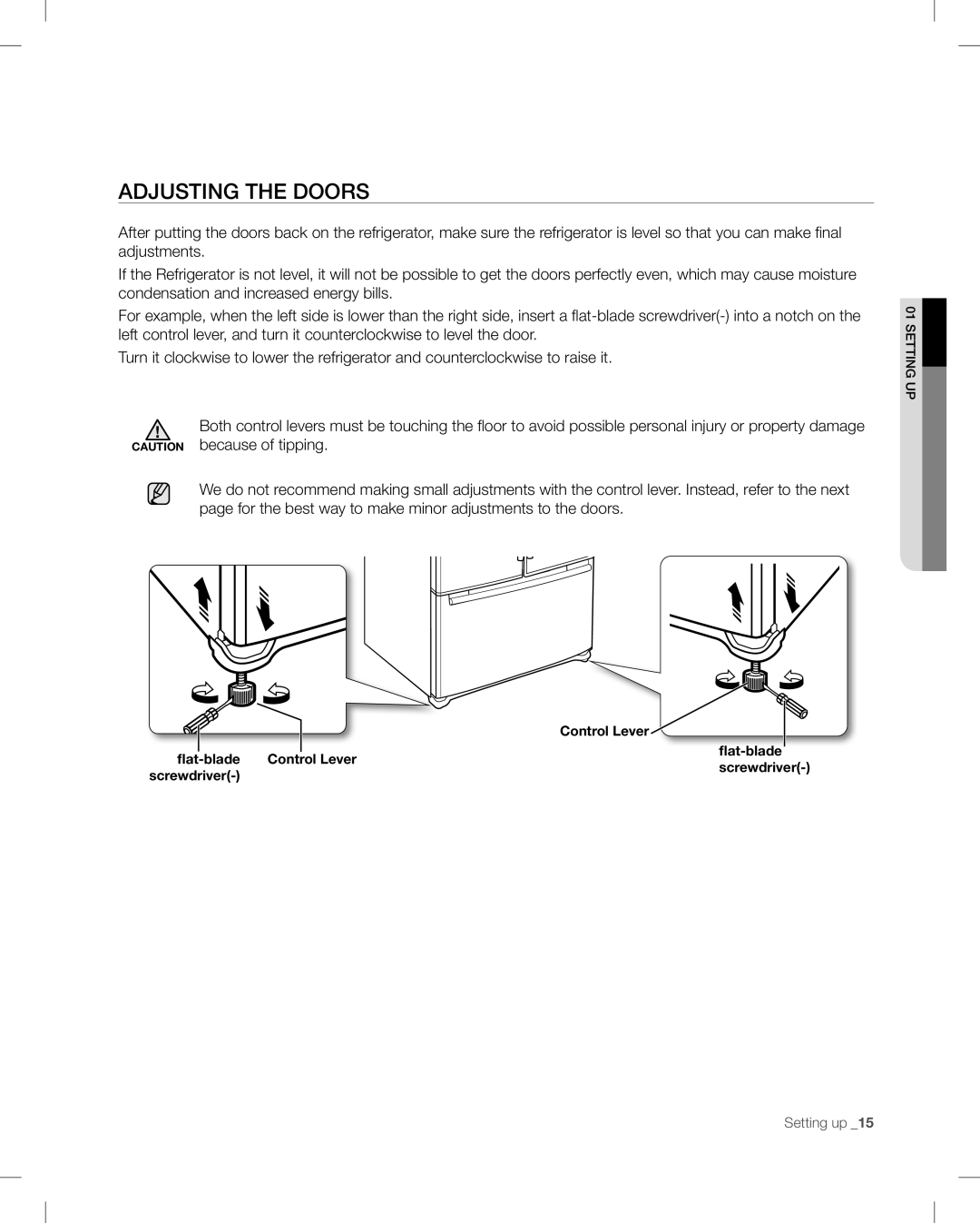 Samsung RF268AB user manual Adjusting The Doors, Control Lever, flat-blade, screwdriver 
