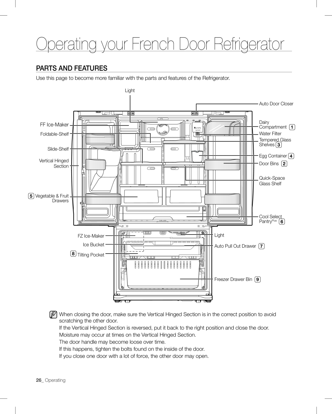 Samsung RF268AB user manual Operating your French Door Refrigerator, Parts And Features 
