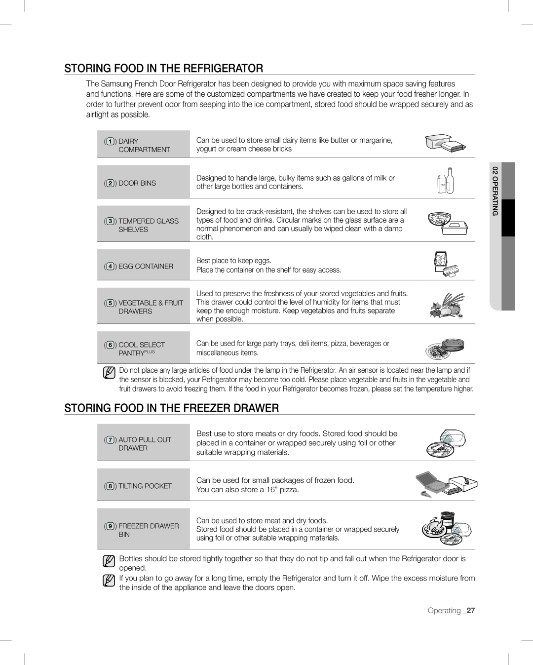 Samsung RF268AB user manual STORINg FOOD IN THE REFRIgERATOR, STORINg FOOD IN THE FREEzER DRAWER, Operating _27 