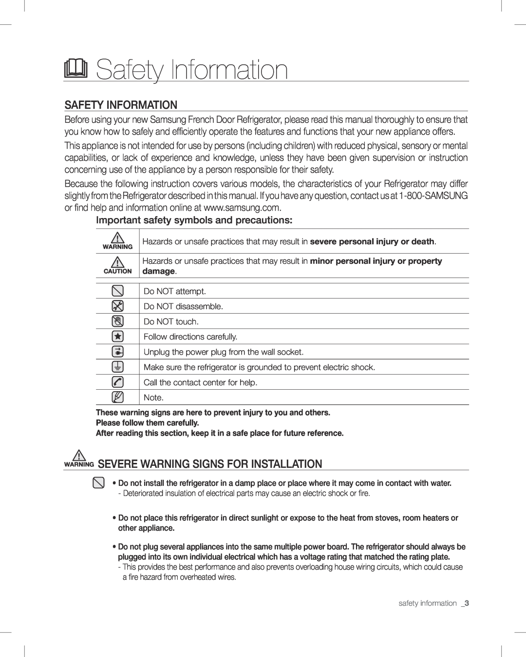 Samsung RF268AB user manual Safety Information, WARNING sEVERE wARninG siGns FoR instALLAtion 