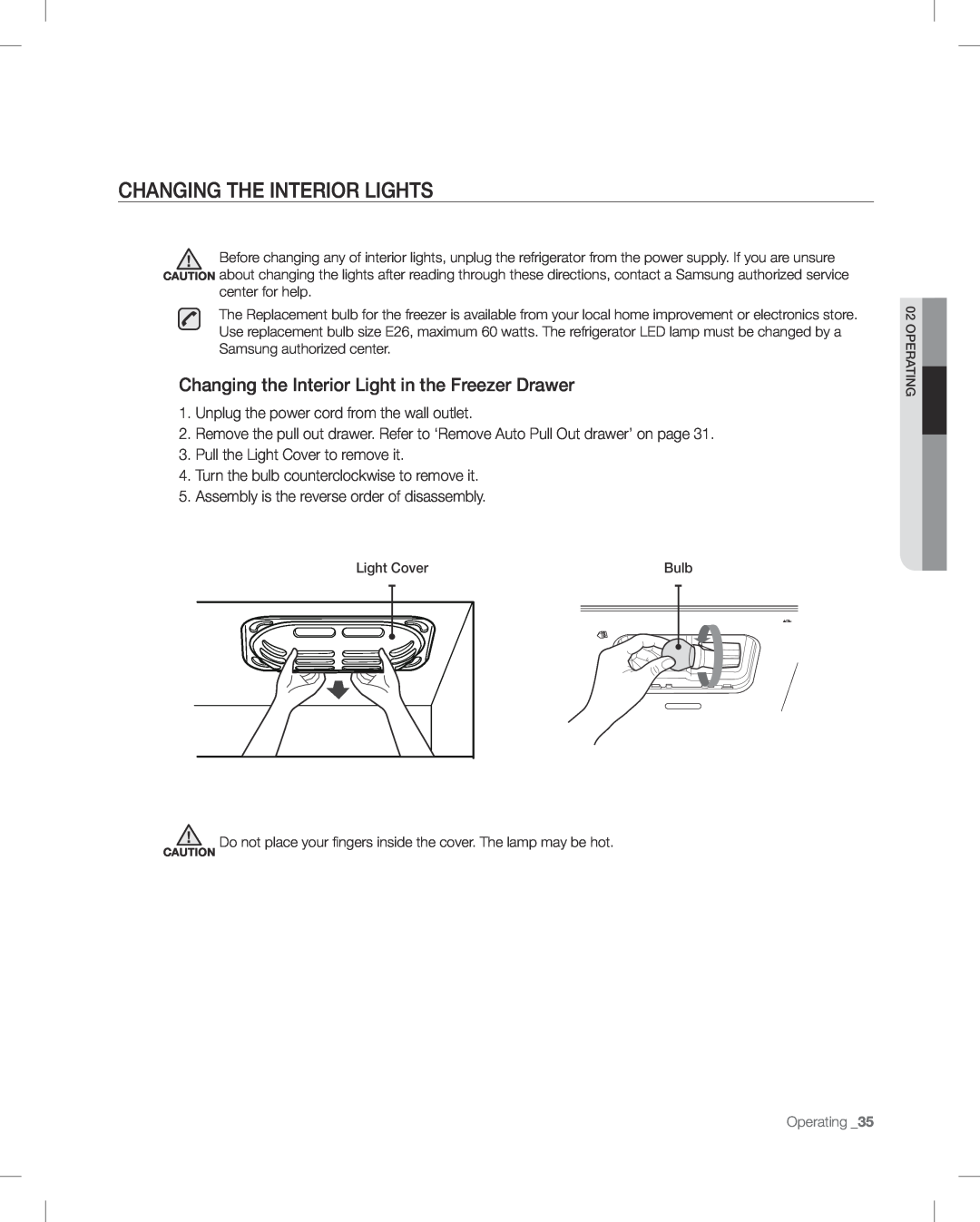 Samsung RF268AB user manual Changing The Interior Lights, Changing the Interior Light in the Freezer Drawer, Operating _35 
