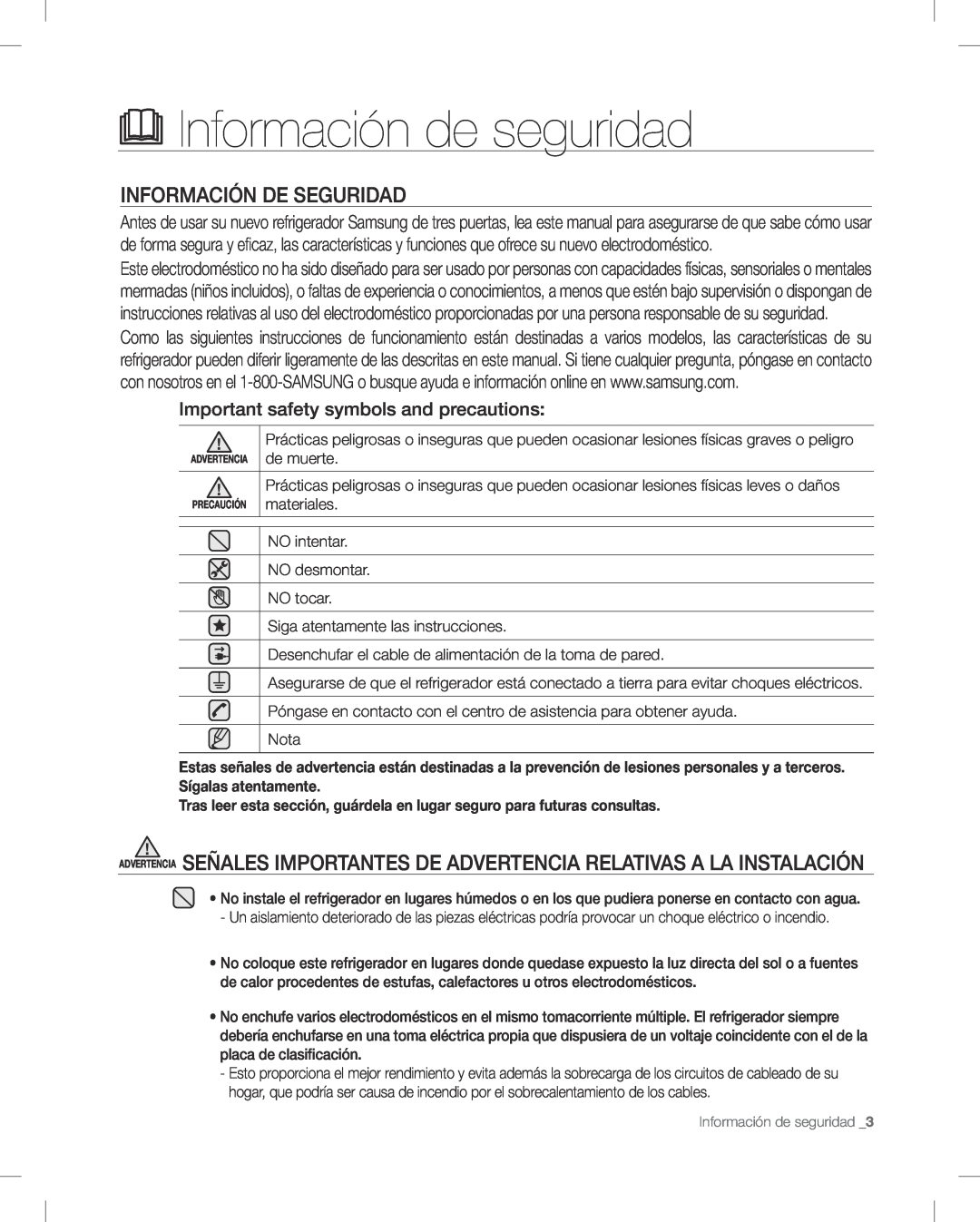 Samsung RF268AB user manual Información de seguridad, INFORMACIóN DE SEGURIDAD, Important safety symbols and precautions 