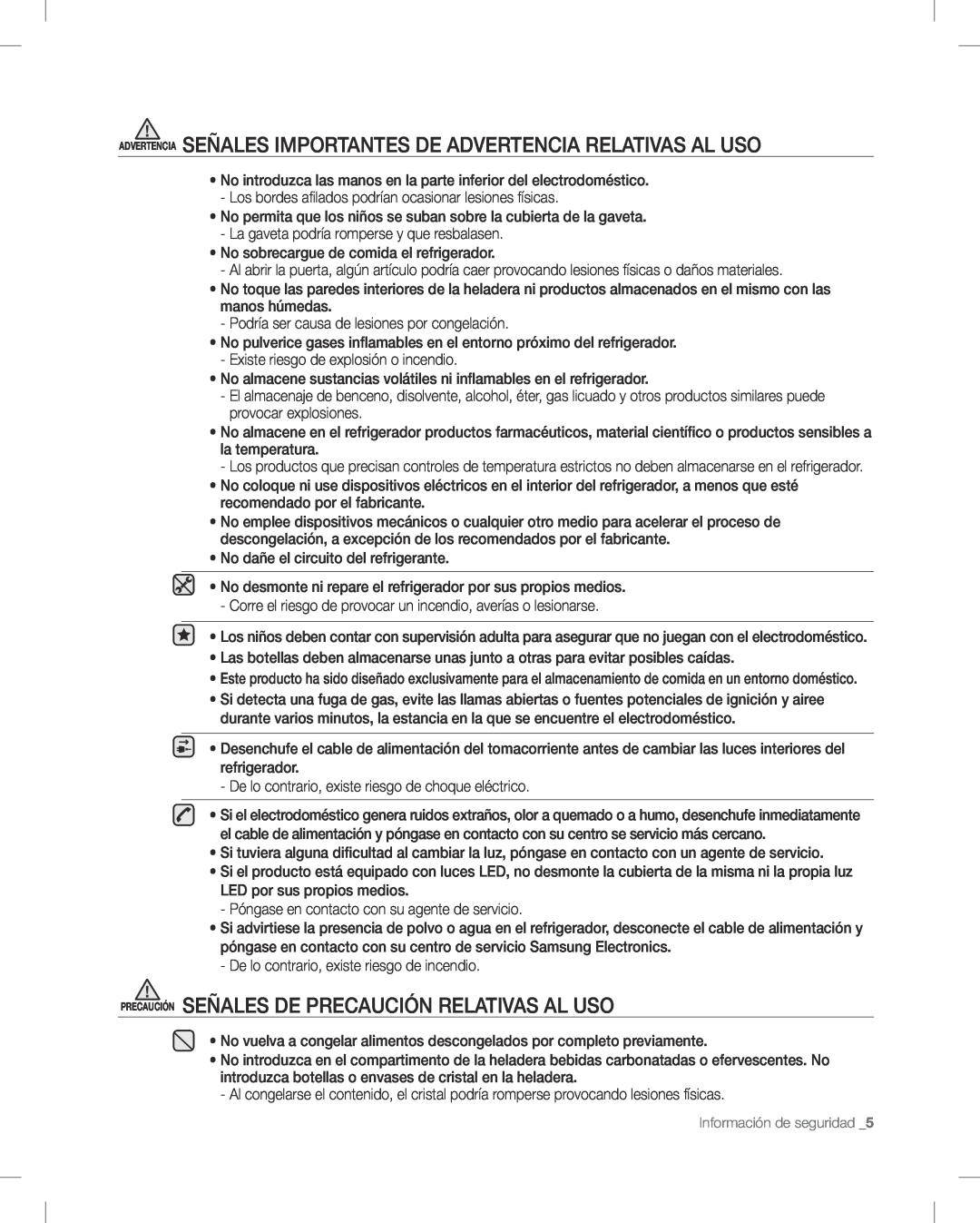 Samsung RF268AB user manual PRECAUCIÓN SEÑALES DE PRECAUCIóN RELATIVAS AL USO 