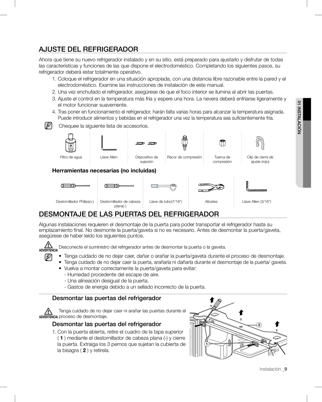 Samsung RF268AB user manual Ajuste Del Refrigerador, Desmontar las puertas del refrigerador 