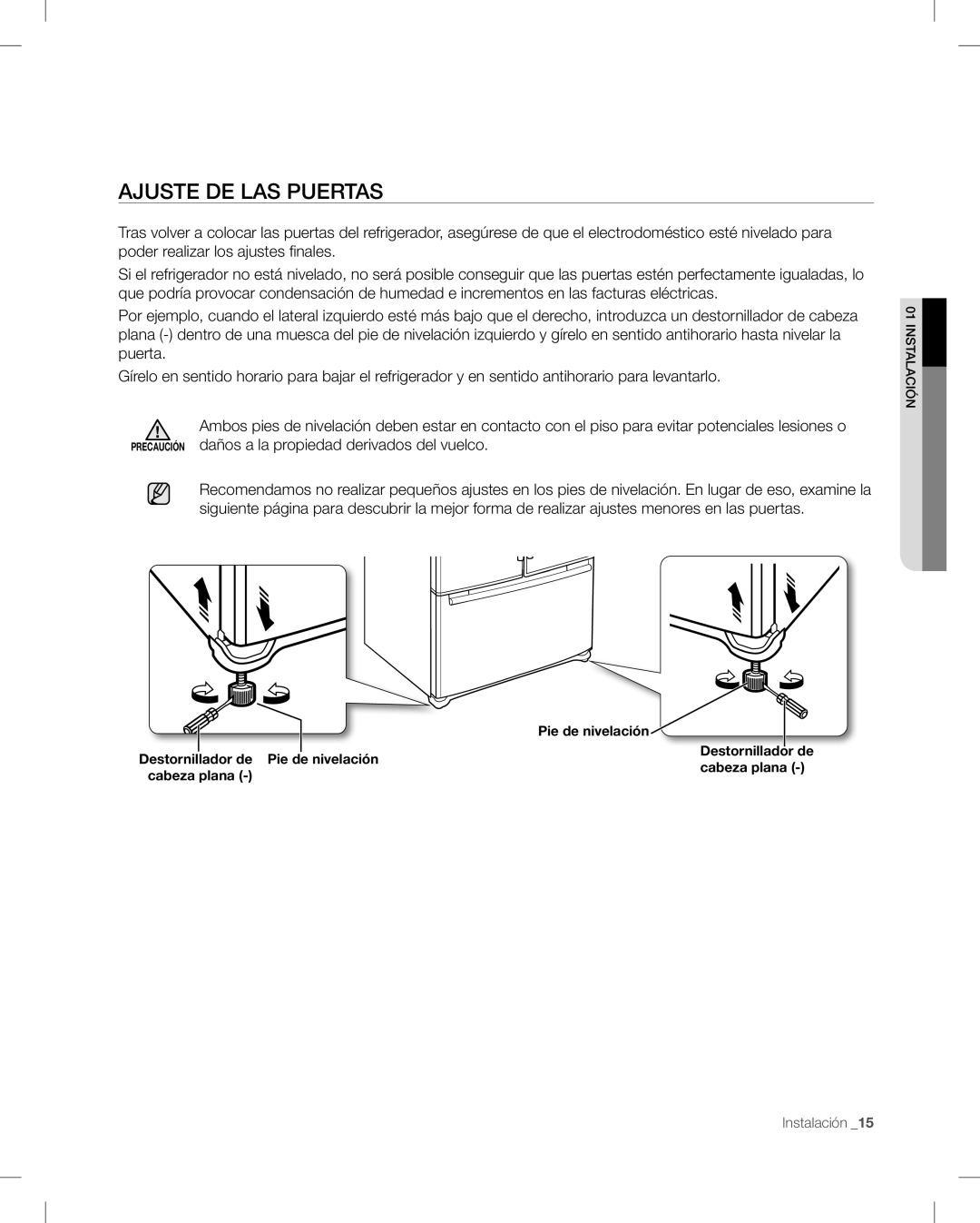 Samsung RF268AB user manual Ajuste De Las Puertas, Pie de nivelación, cabeza plana 