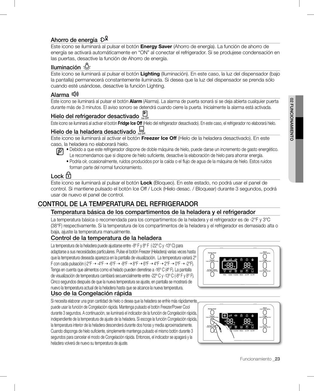 Samsung RF268AB user manual Ahorro de energía, Iluminación, Alarma, Hielo del refrigerador desactivado, Lock 