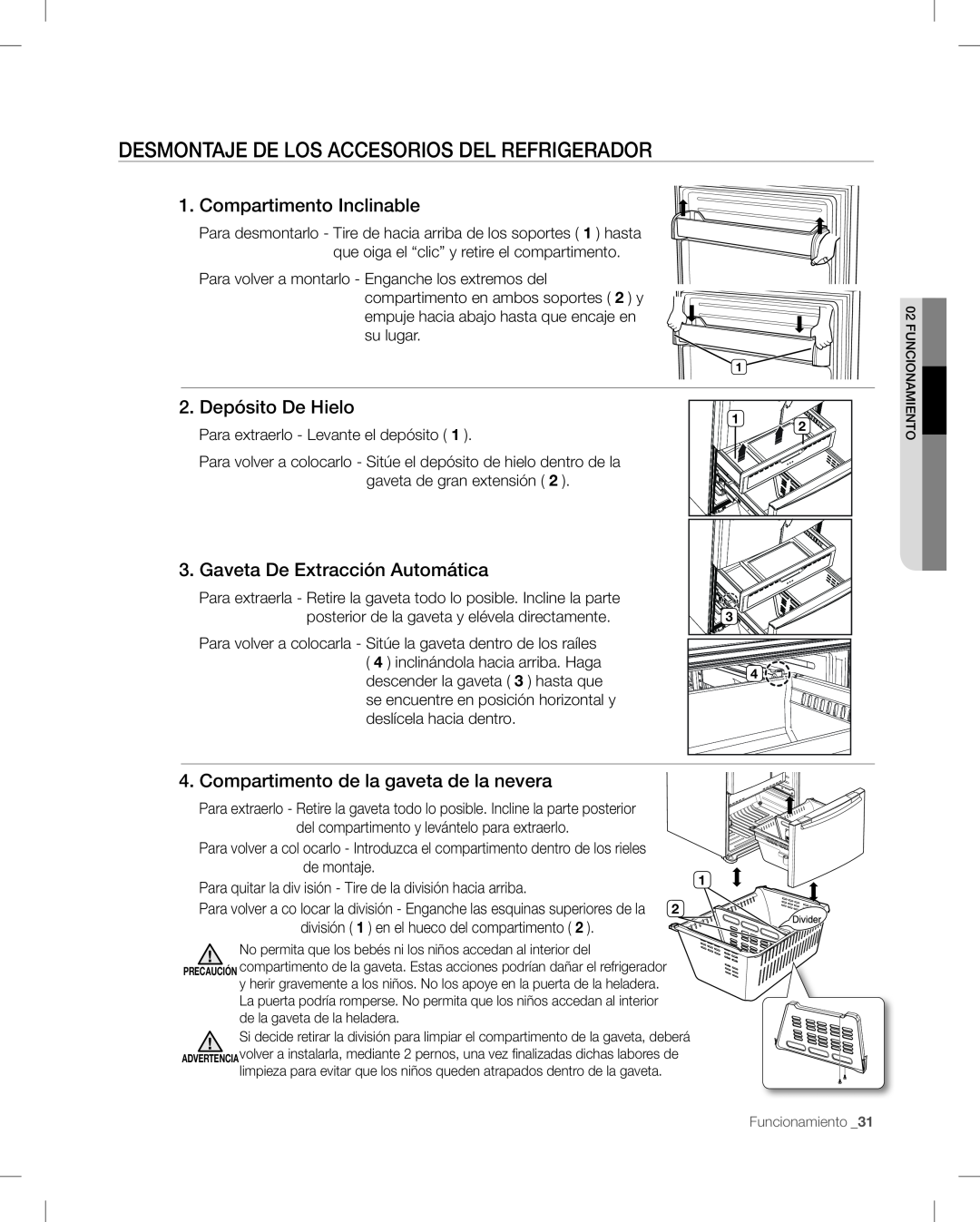 Samsung RF268AB user manual Compartimento Inclinable, Depósito De Hielo, Gaveta De Extracción Automática 